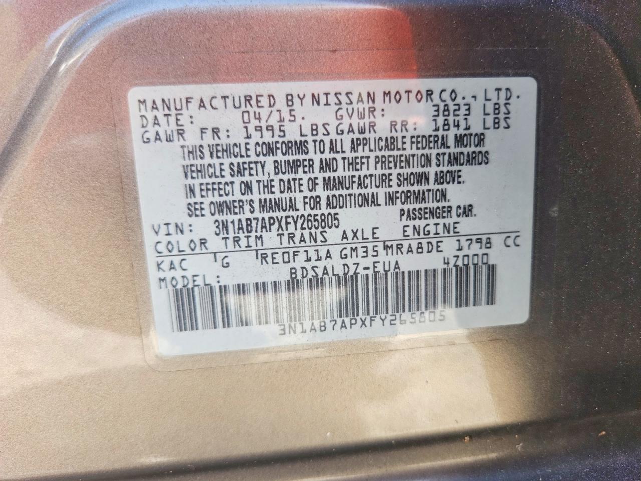 2015 Nissan Sentra Sv Beige vin: 3N1AB7APXFY265805