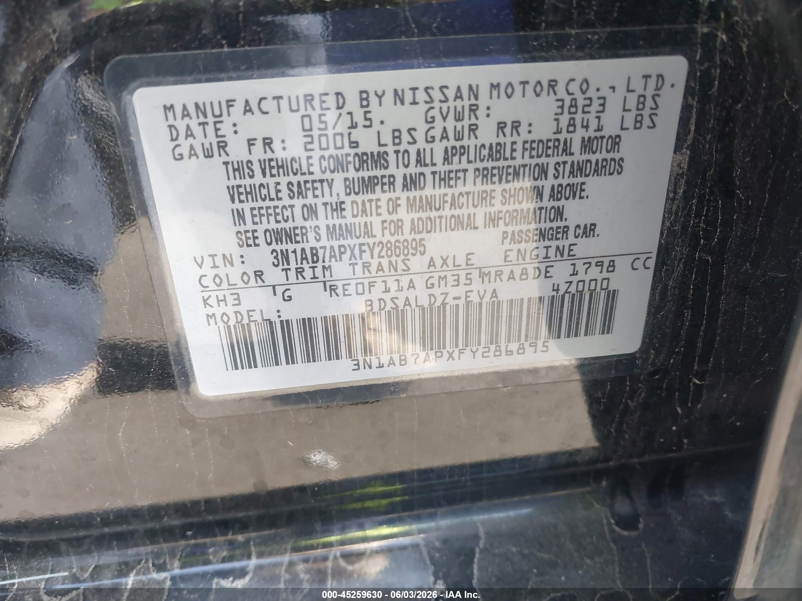 2015 Nissan Sentra Fe+ S/s/sl/sr/sv Black vin: 3N1AB7APXFY286895