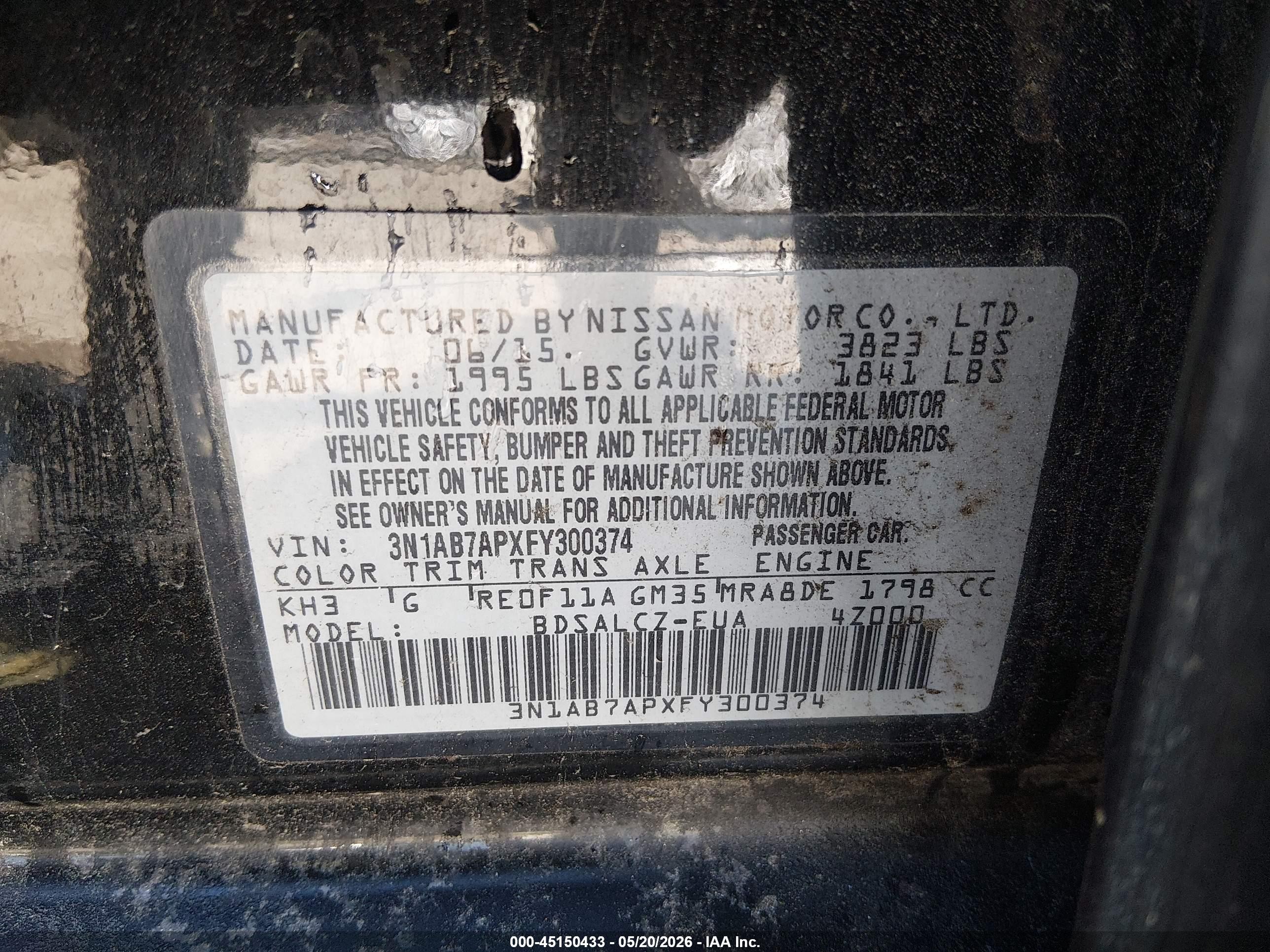 2015 Nissan Sentra S Black vin: 3N1AB7APXFY300374