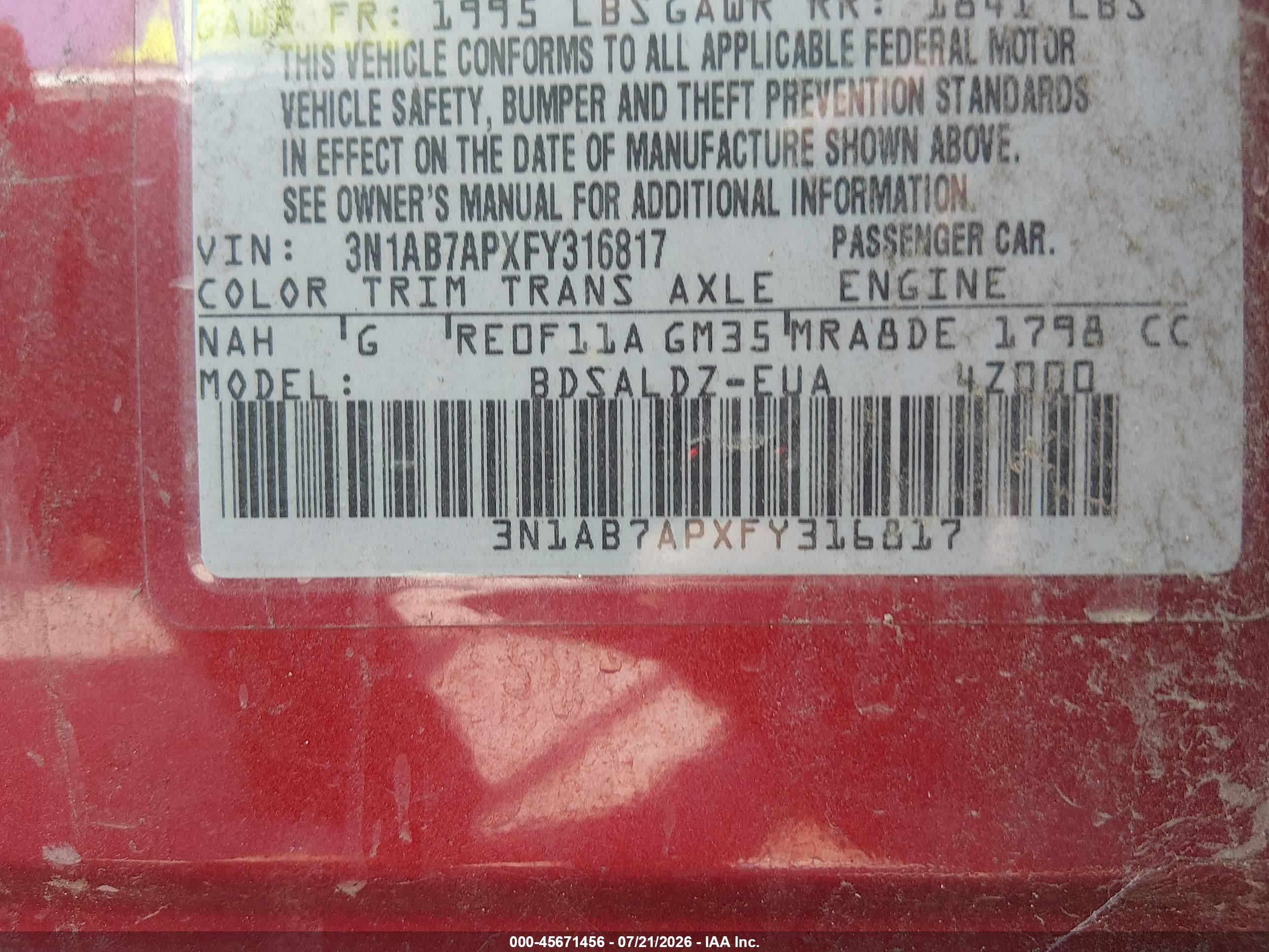 2015 Nissan Sentra Sv Red vin: 3N1AB7APXFY316817
