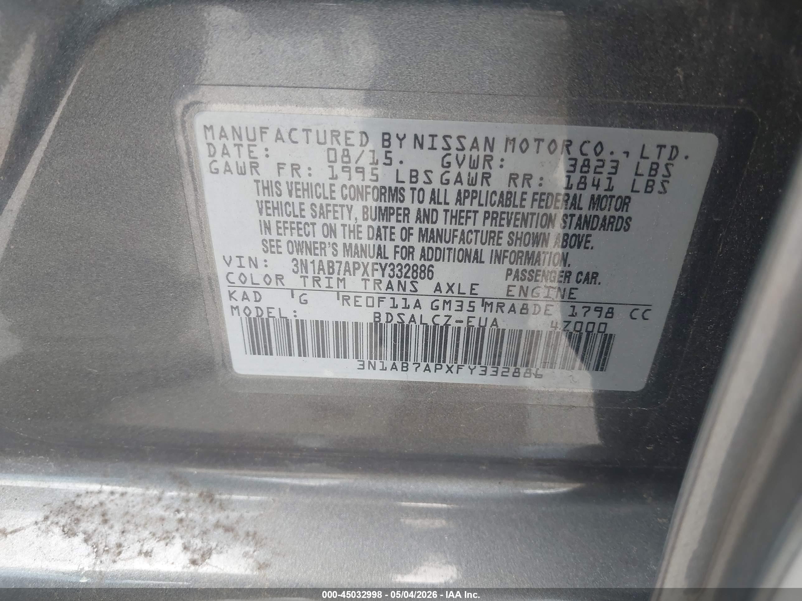 2015 Nissan Sentra S Gray vin: 3N1AB7APXFY332886