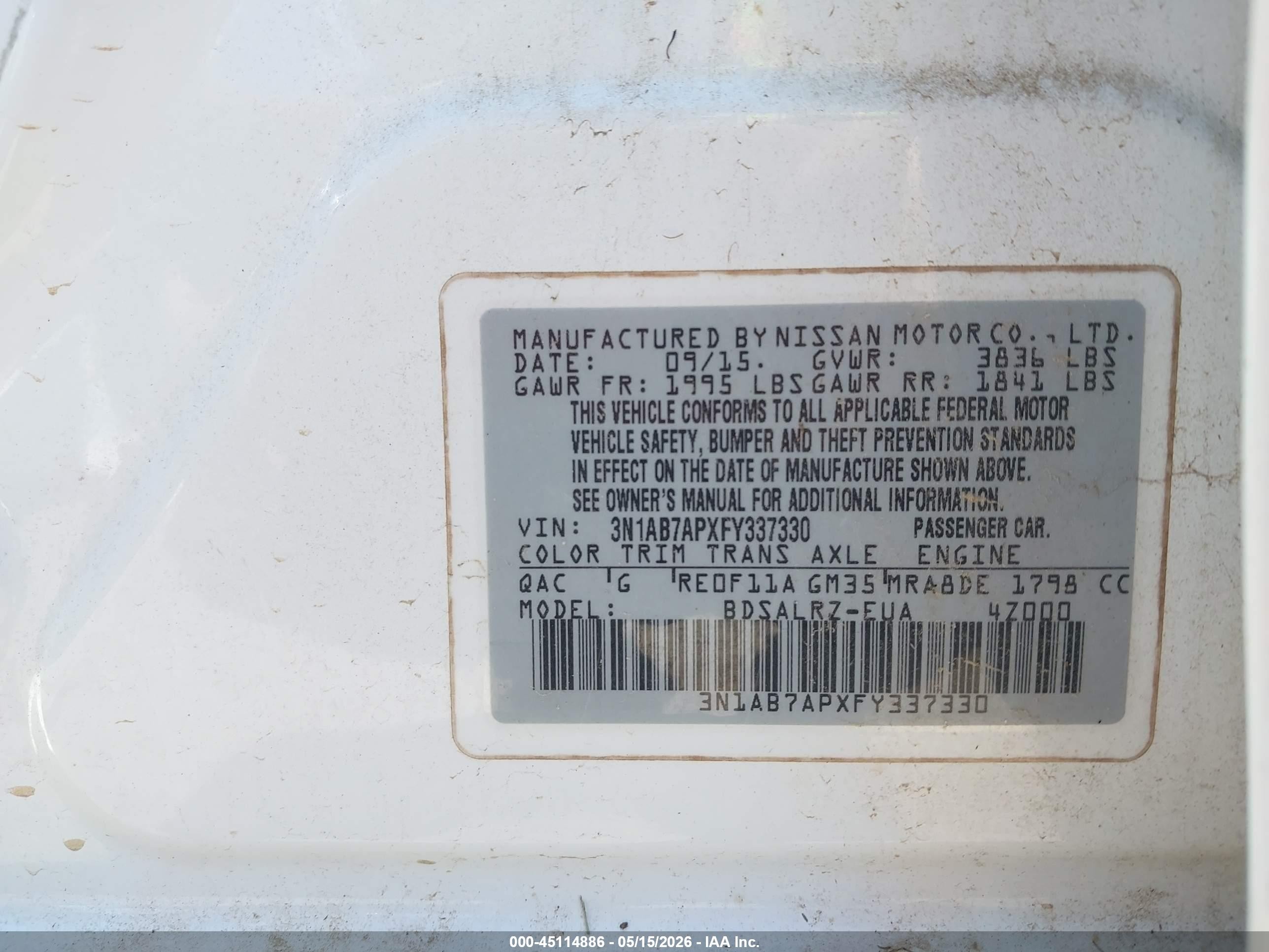 2015 Nissan Sentra Sr White vin: 3N1AB7APXFY337330