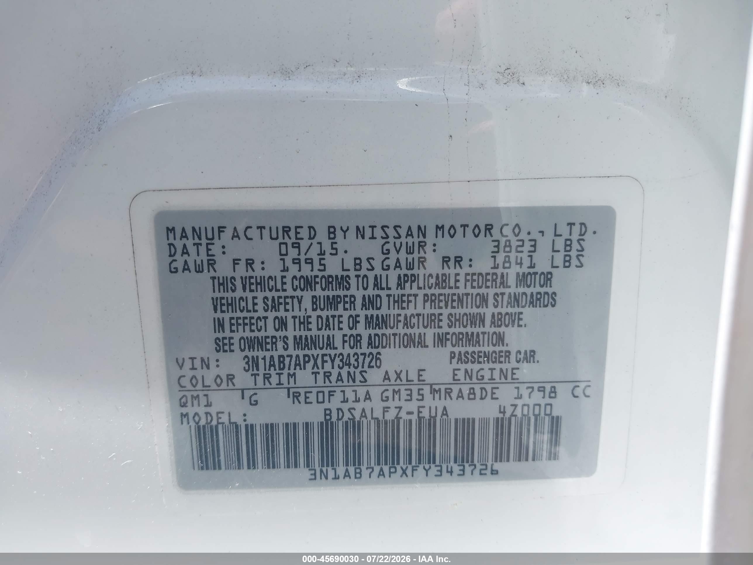 2015 Nissan Sentra Fe+ S White vin: 3N1AB7APXFY343726