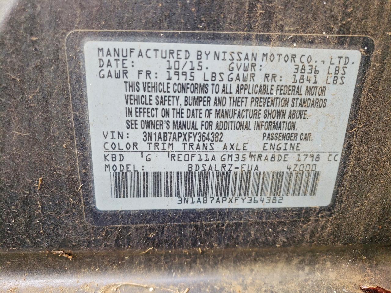 2015 Niss Sentra S Charcoal vin: 3N1AB7APXFY364382