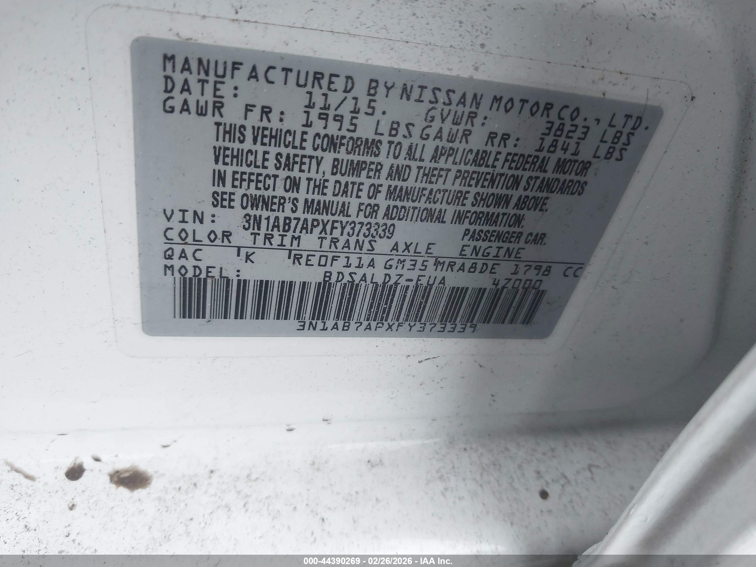2015 Nissan Sentra Sv White vin: 3N1AB7APXFY373339
