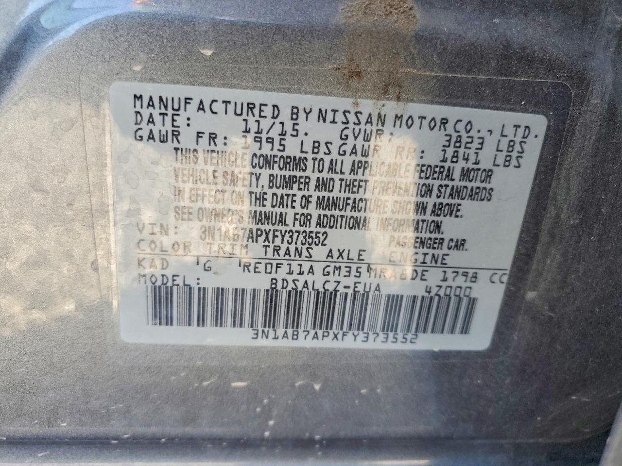 2015 Nissan Sentra S Gray vin: 3N1AB7APXFY373552