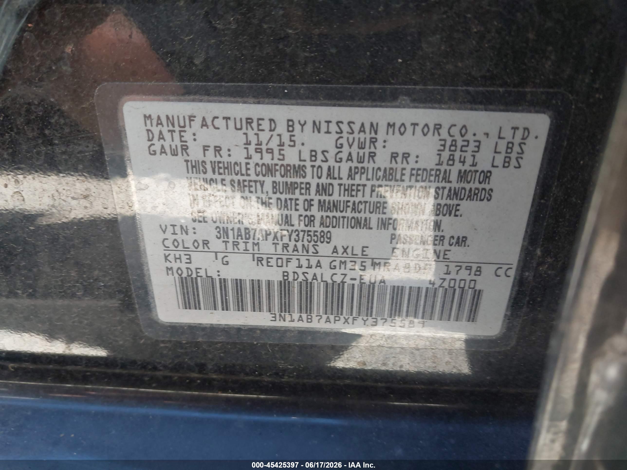 2015 Nissan Sentra S Black vin: 3N1AB7APXFY375589