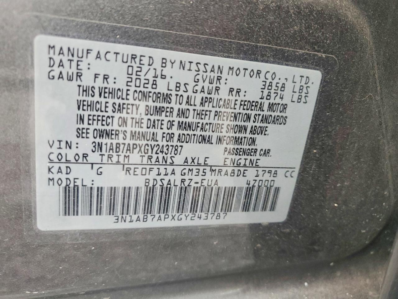 2016 Nissan Sentra Sr Gray vin: 3N1AB7APXGY243787
