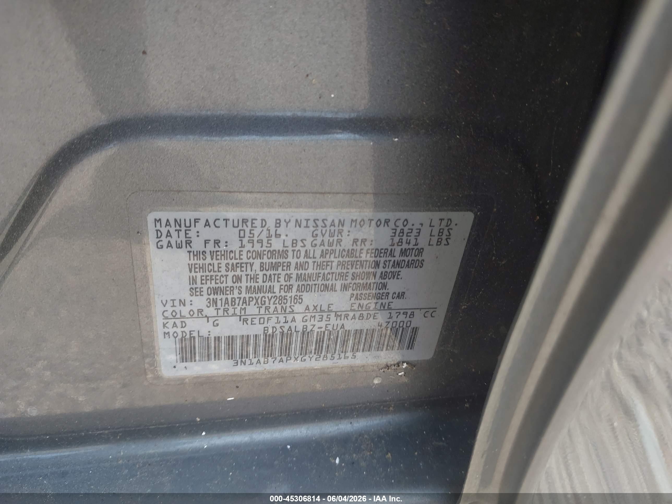 2016 Nissan Sentra Fe+ S/s/sl/sr/sv Gray vin: 3N1AB7APXGY285165
