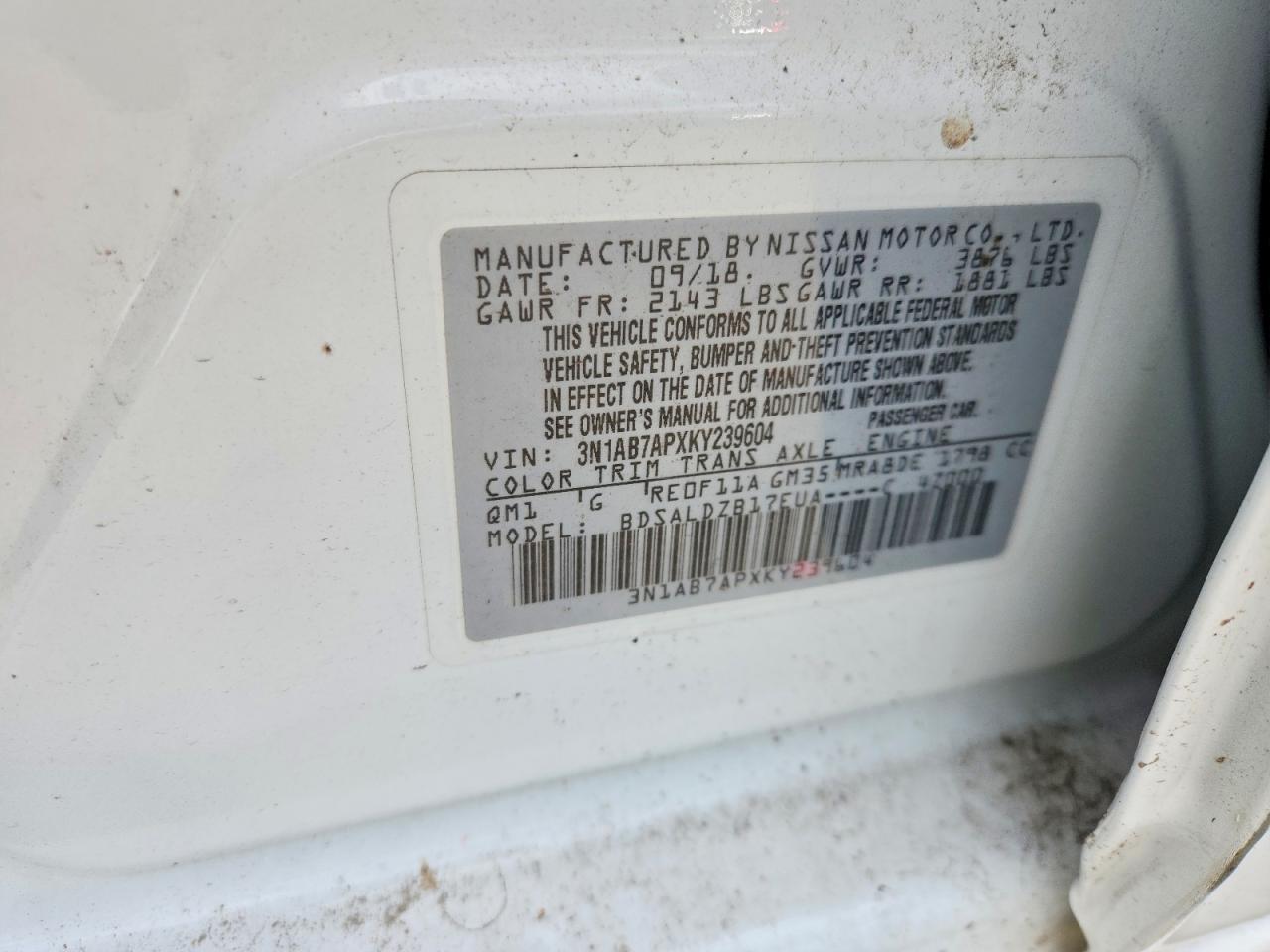 2019 Nissan Sentra Sv White vin: 3N1AB7APXKY239604
