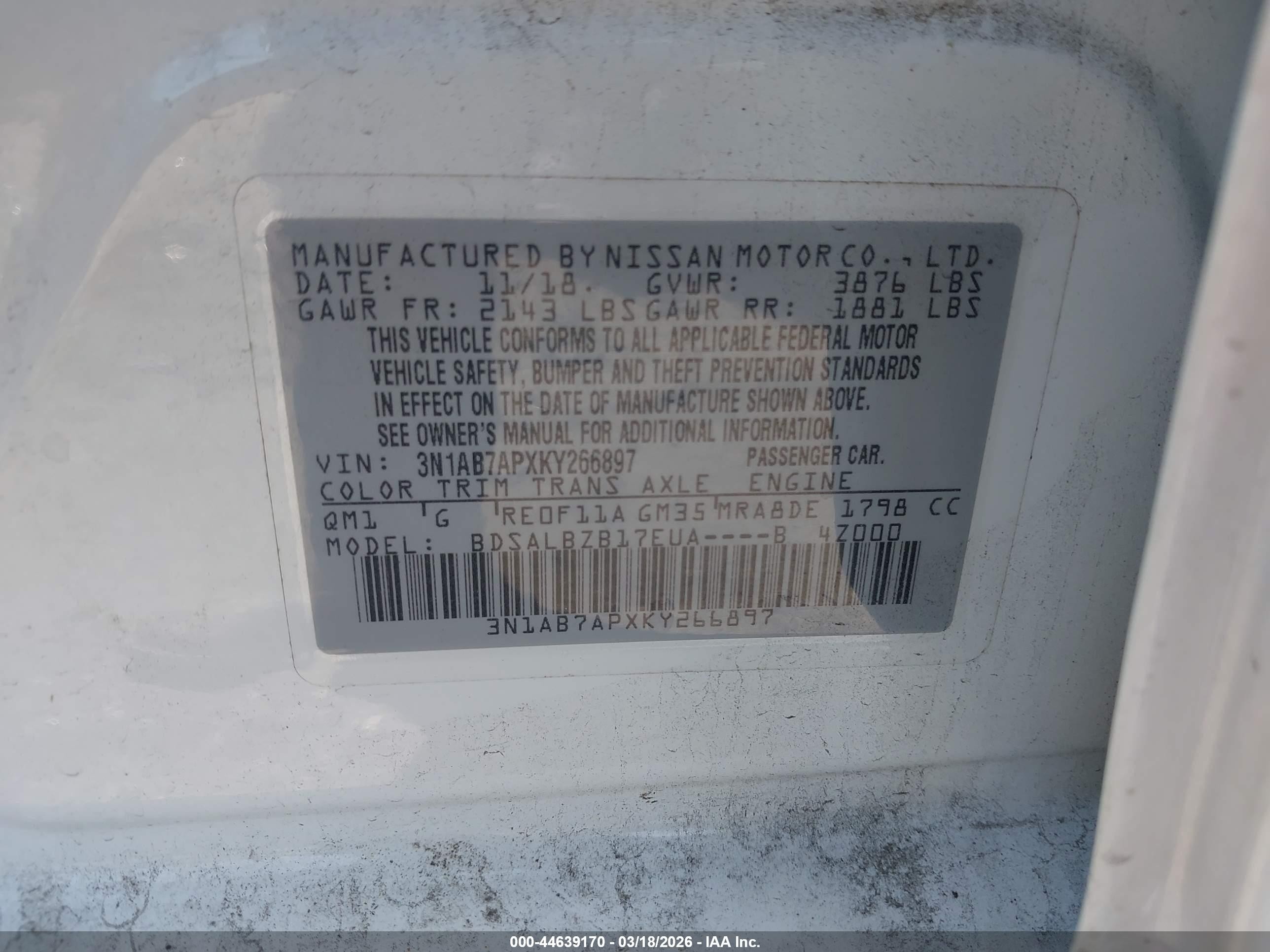 2019 Nissan Sentra S White vin: 3N1AB7APXKY266897