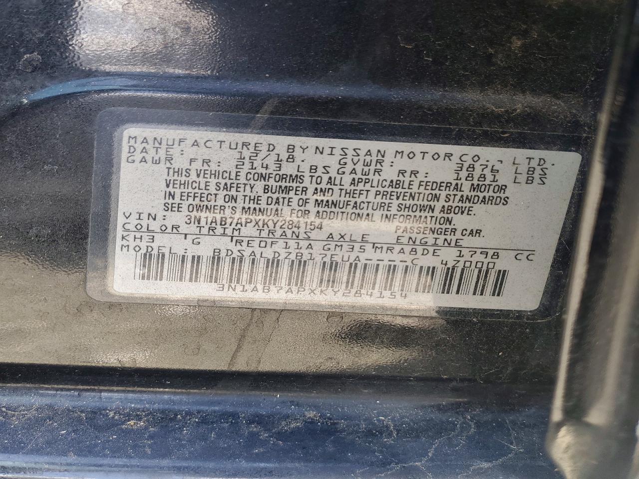 2019 Nissan Sentra Sv Black vin: 3N1AB7APXKY284154