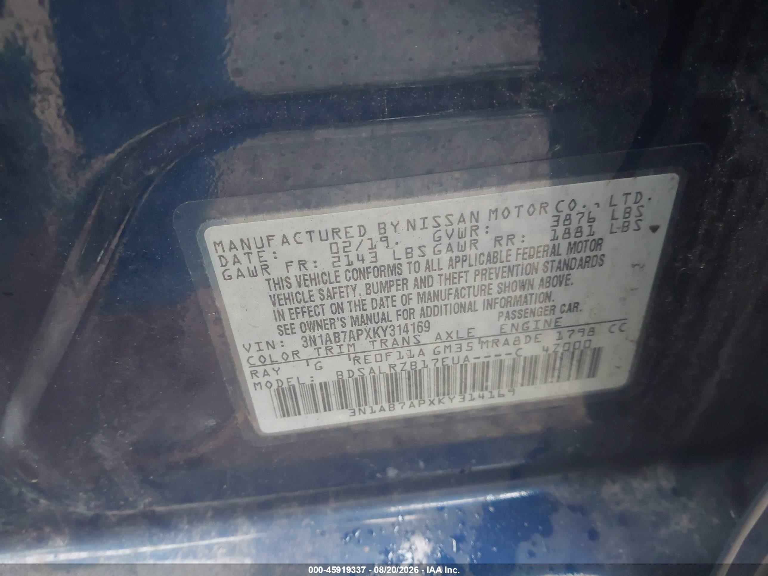 2019 Nissan Sentra Sr Blue vin: 3N1AB7APXKY314169
