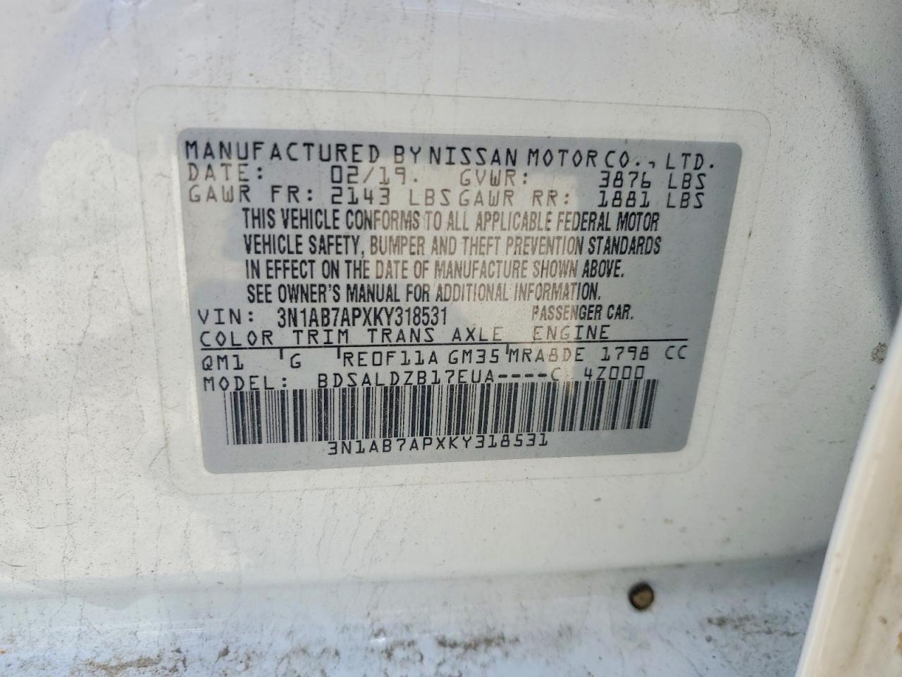 2019 Nissan Sentra Sv White vin: 3N1AB7APXKY318531