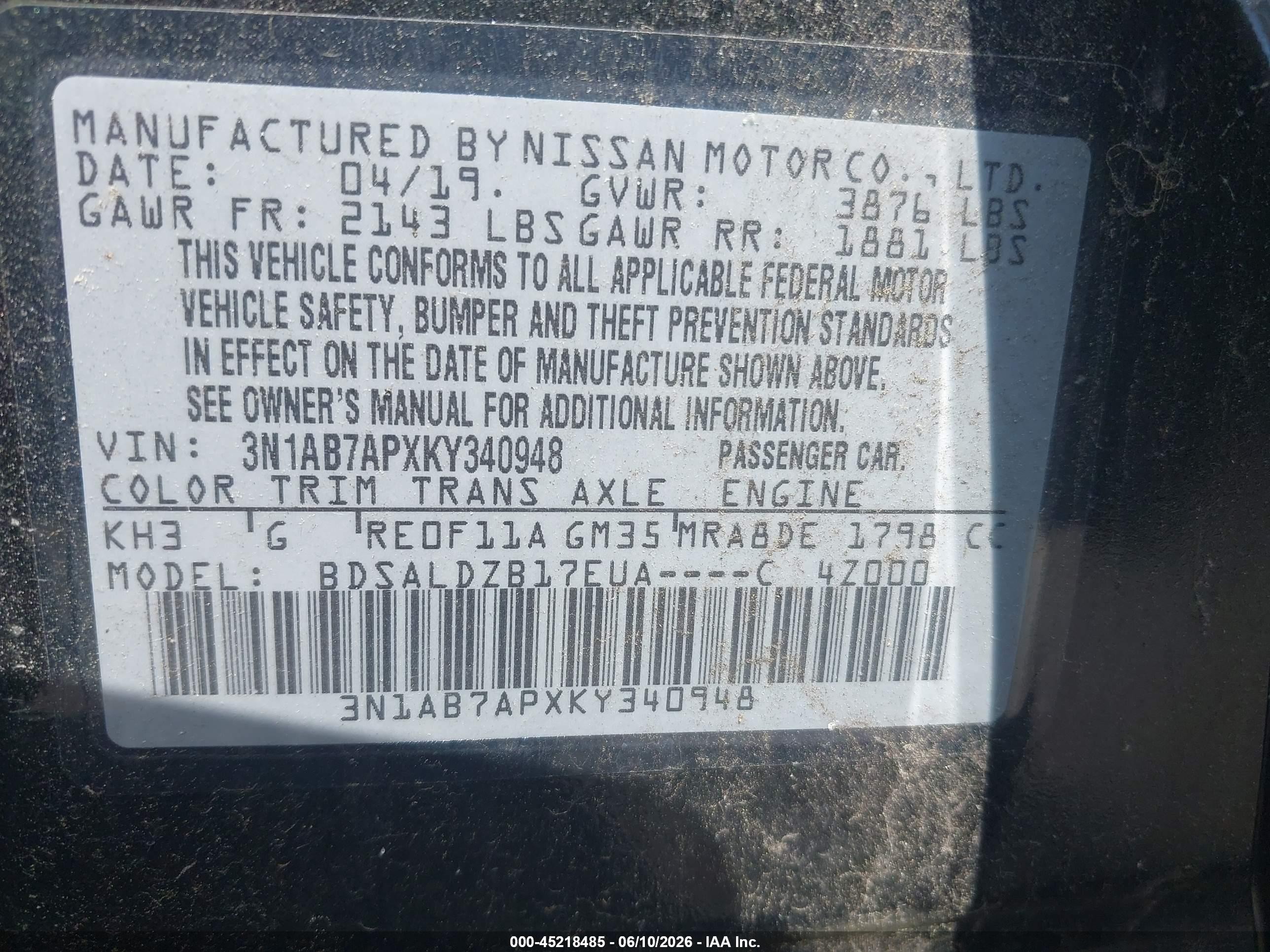 2019 Nissan Sentra Sv Black vin: 3N1AB7APXKY340948