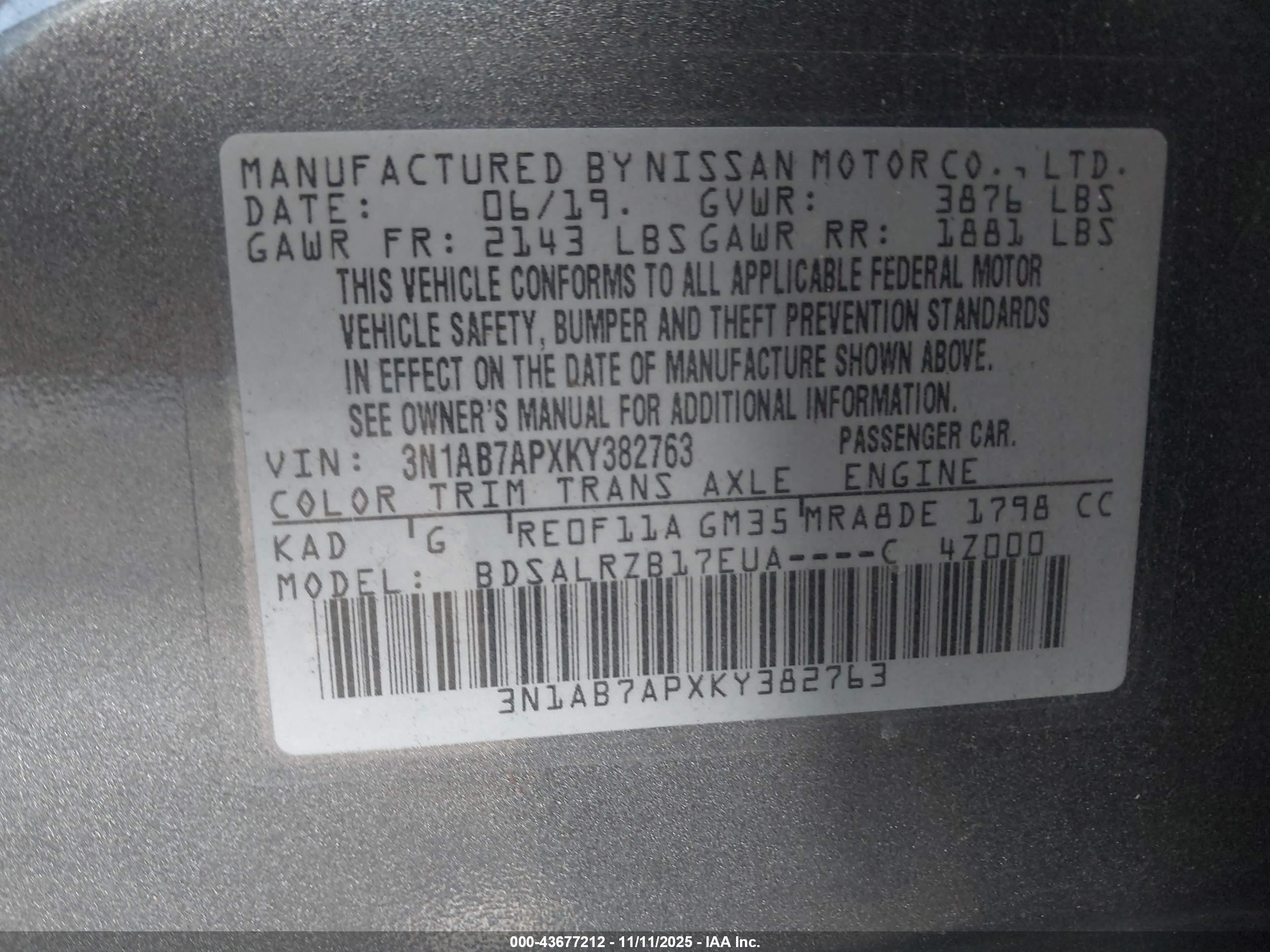 2019 Nissan Sentra Sr Gray vin: 3N1AB7APXKY382763