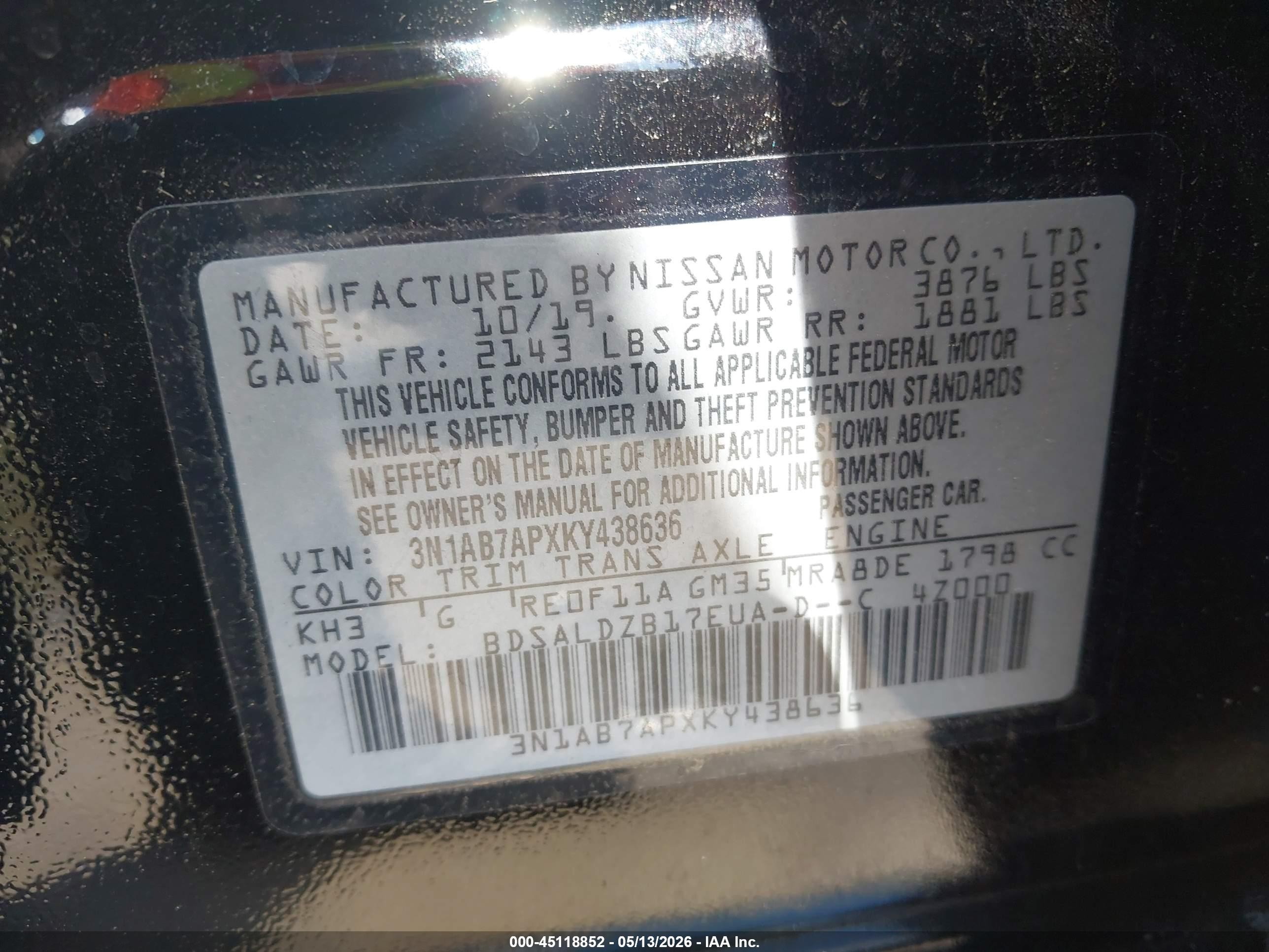 2019 Nissan Sentra Sv Black vin: 3N1AB7APXKY438636