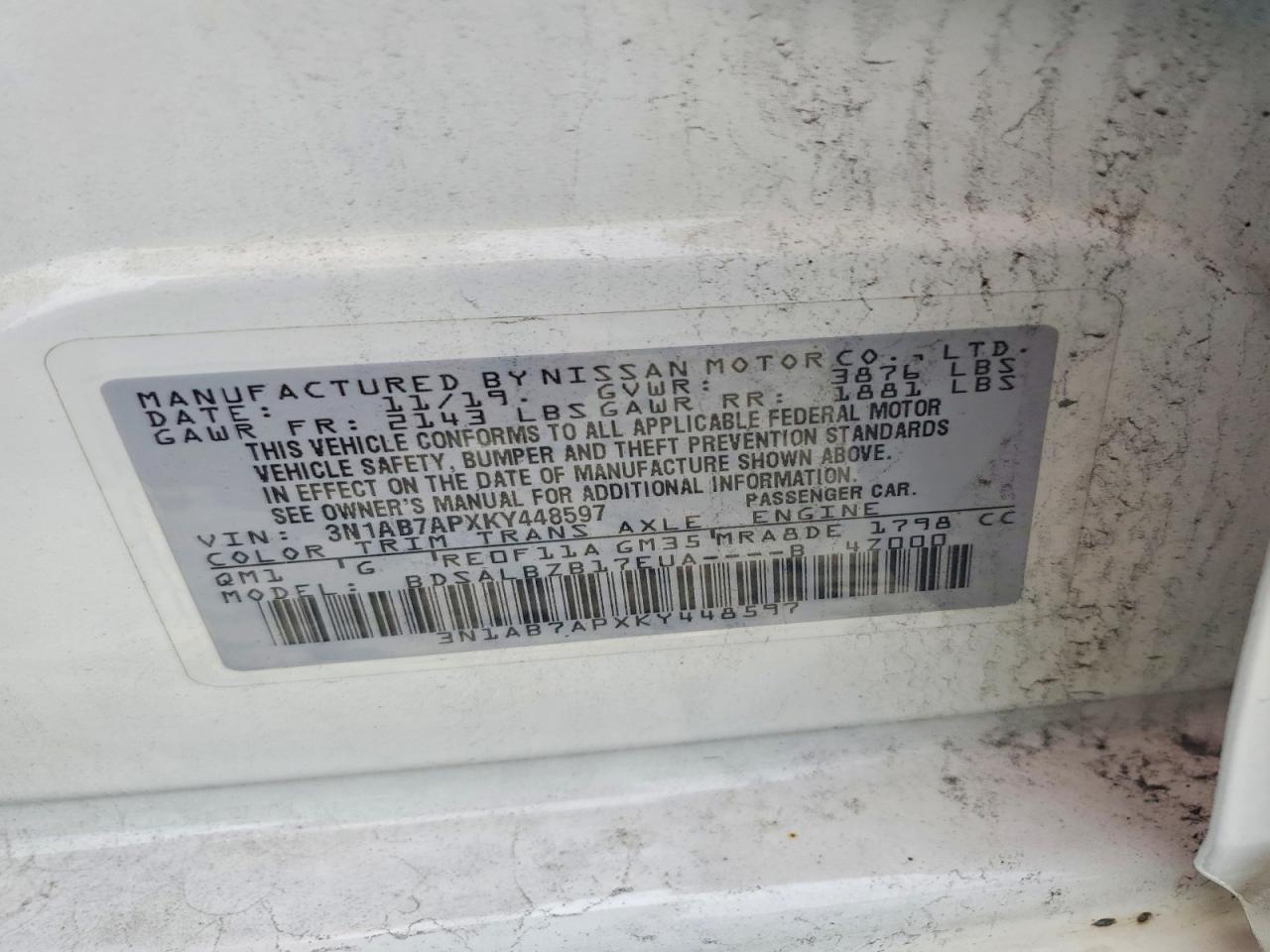 2019 Nissan Sentra S White vin: 3N1AB7APXKY448597