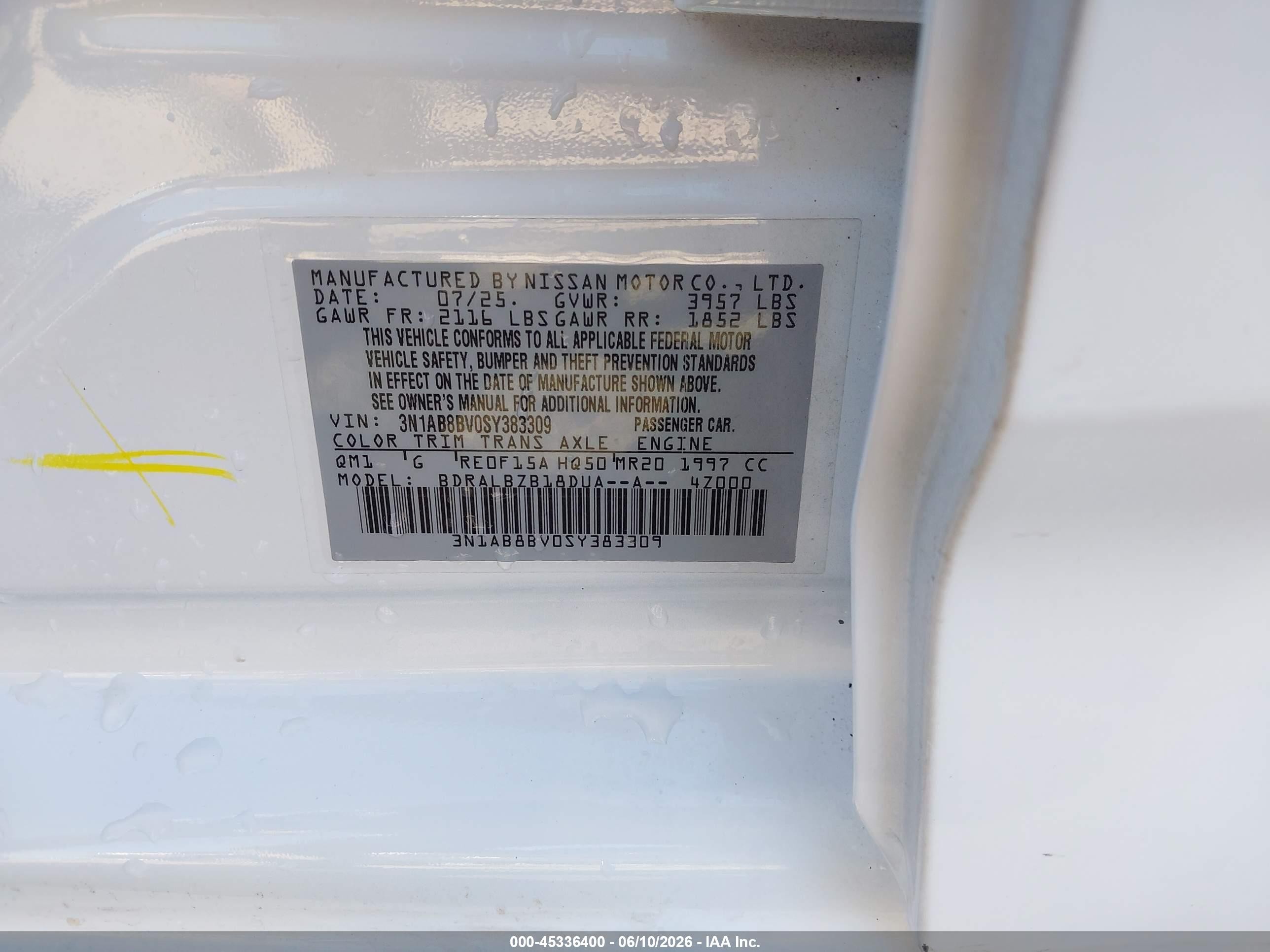 2025 Nissan Sentra S White vin: 3N1AB8BV0SY383309
