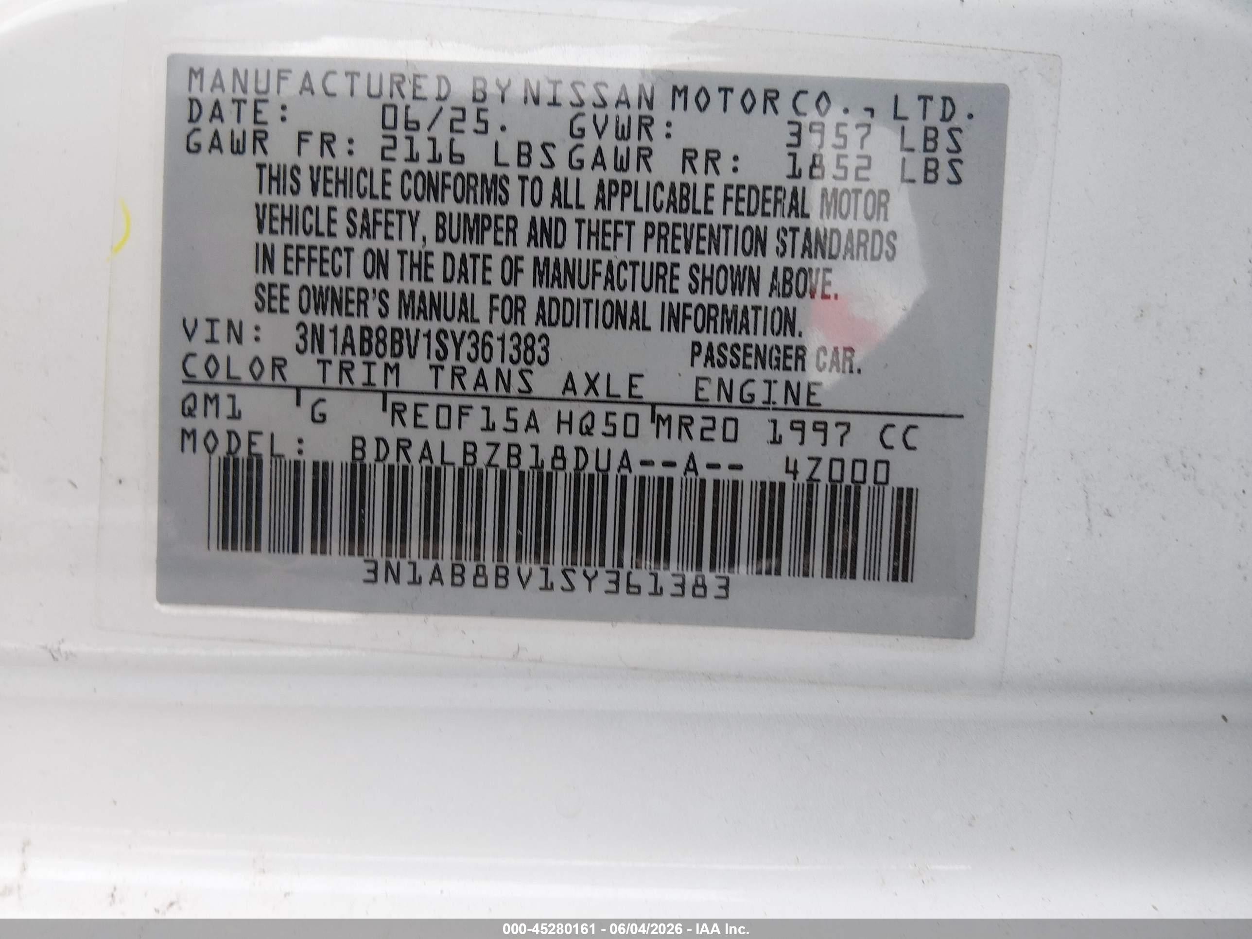2025 Nissan Sentra S White vin: 3N1AB8BV1SY361383