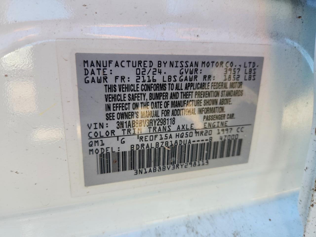 2024 Nissan Sentra S White vin: 3N1AB8BV3RY298118