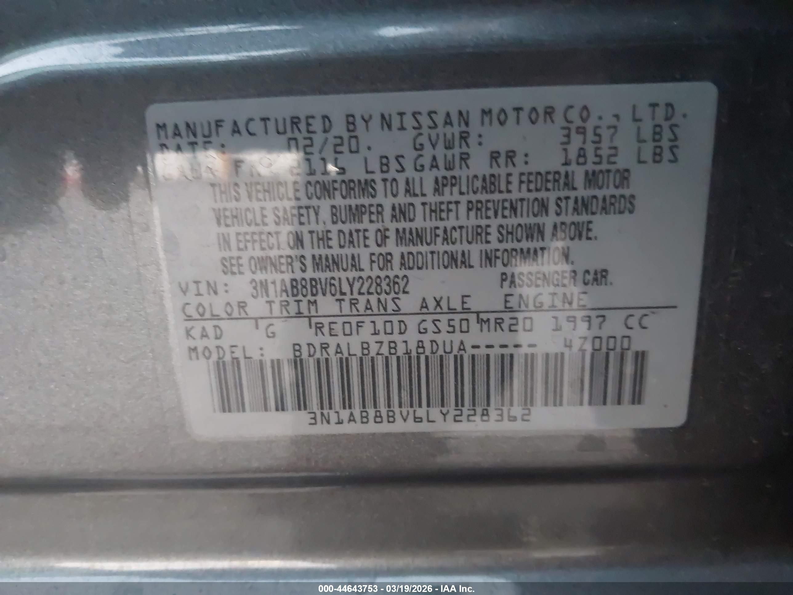2020 Nissan Sentra S Xtronic Cvt Серый vin: 3N1AB8BV6LY228362