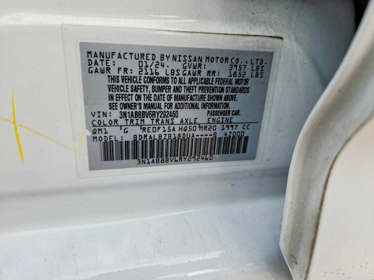 2024 Nissan Sentra S White vin: 3N1AB8BV6RY292460