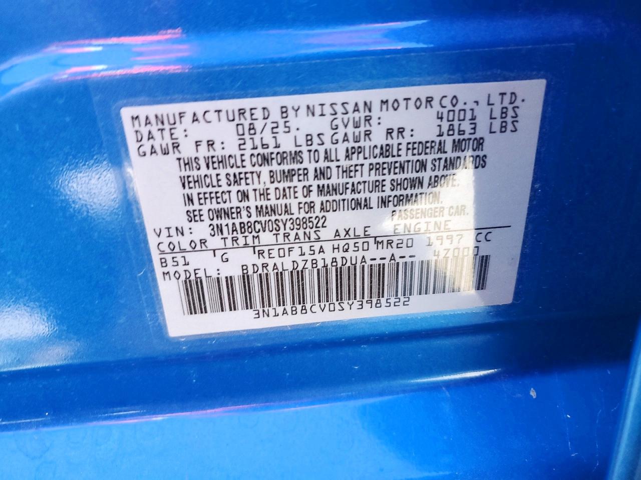 2025 Nissan Sentra Sv Blue vin: 3N1AB8CV0SY398522
