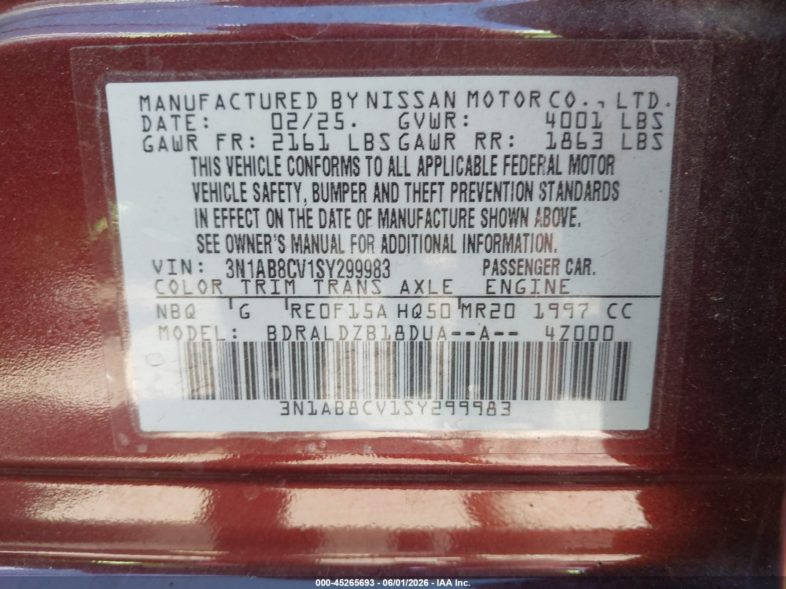 2025 Nissan Sentra Sv Burgundy vin: 3N1AB8CV1SY299983