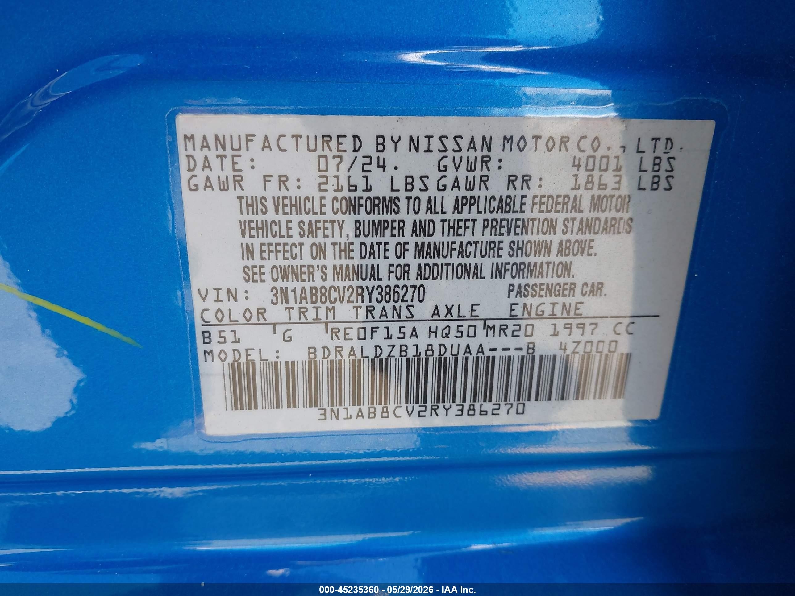 2024 Nissan Sentra Sv Xtronic Cvt Синий vin: 3N1AB8CV2RY386270