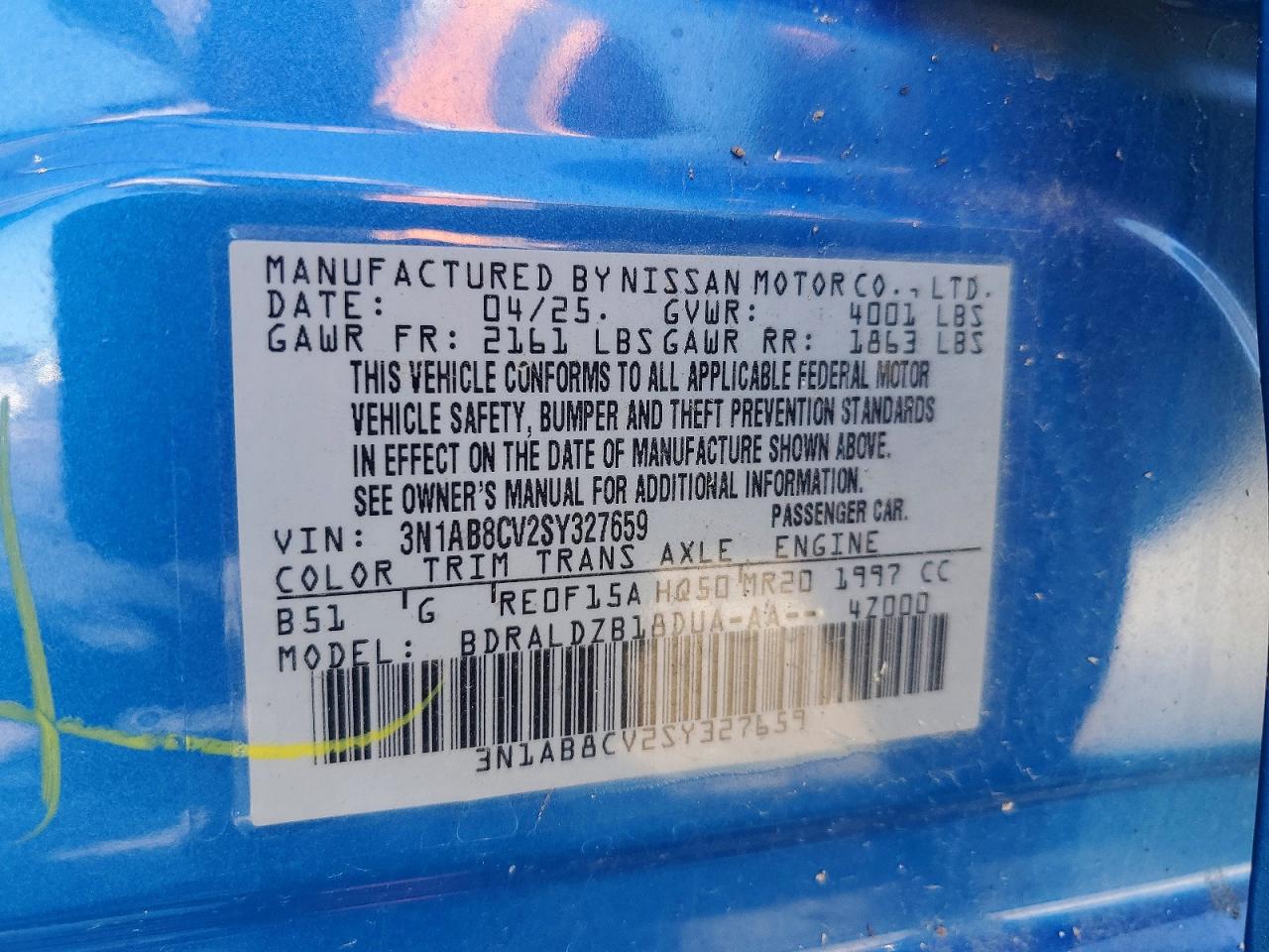 2025 Nissan Sentra Sv Blue vin: 3N1AB8CV2SY327659