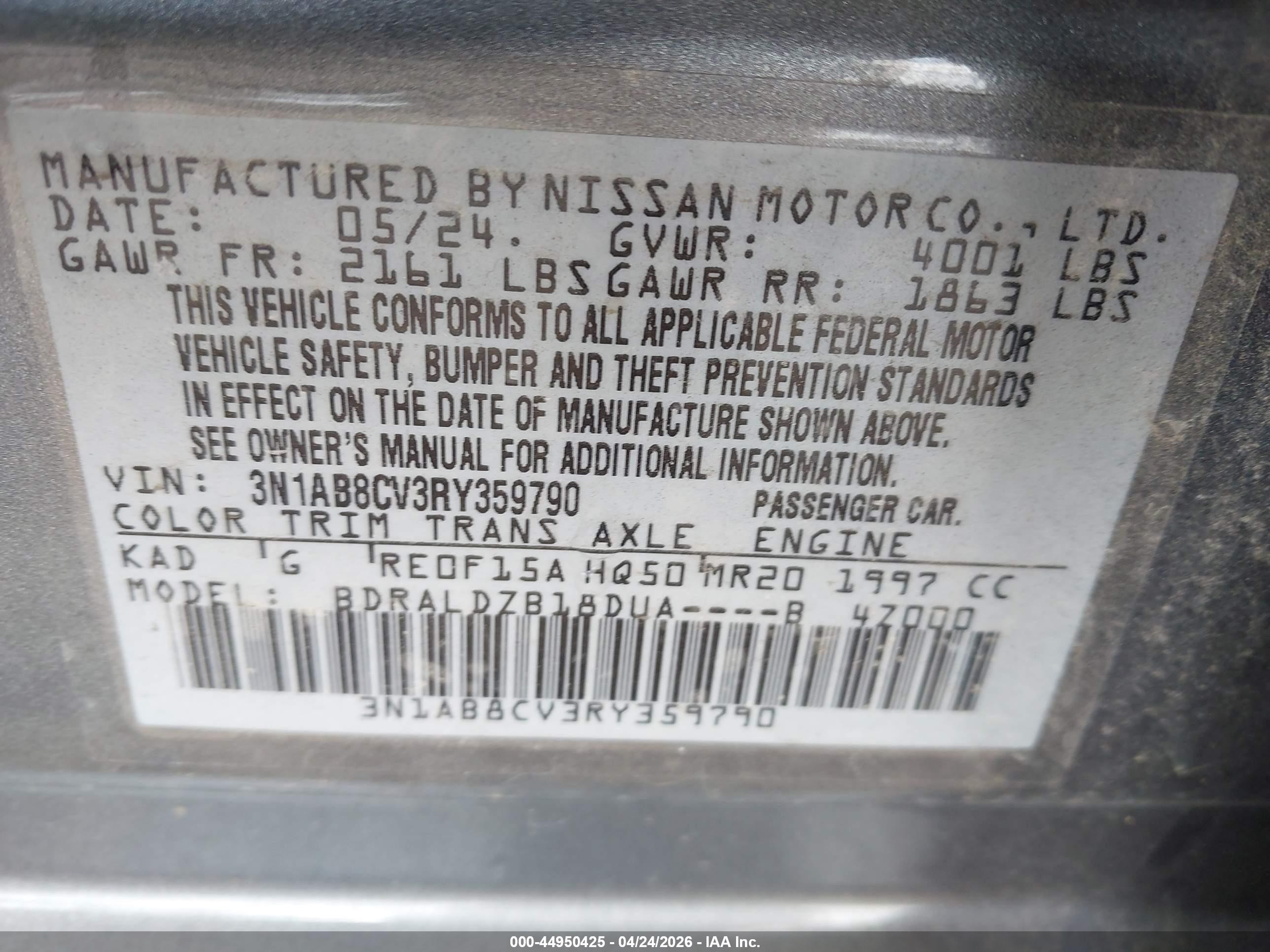 2024 Nissan Sentra Sv Xtronic Cvt Gray vin: 3N1AB8CV3RY359790