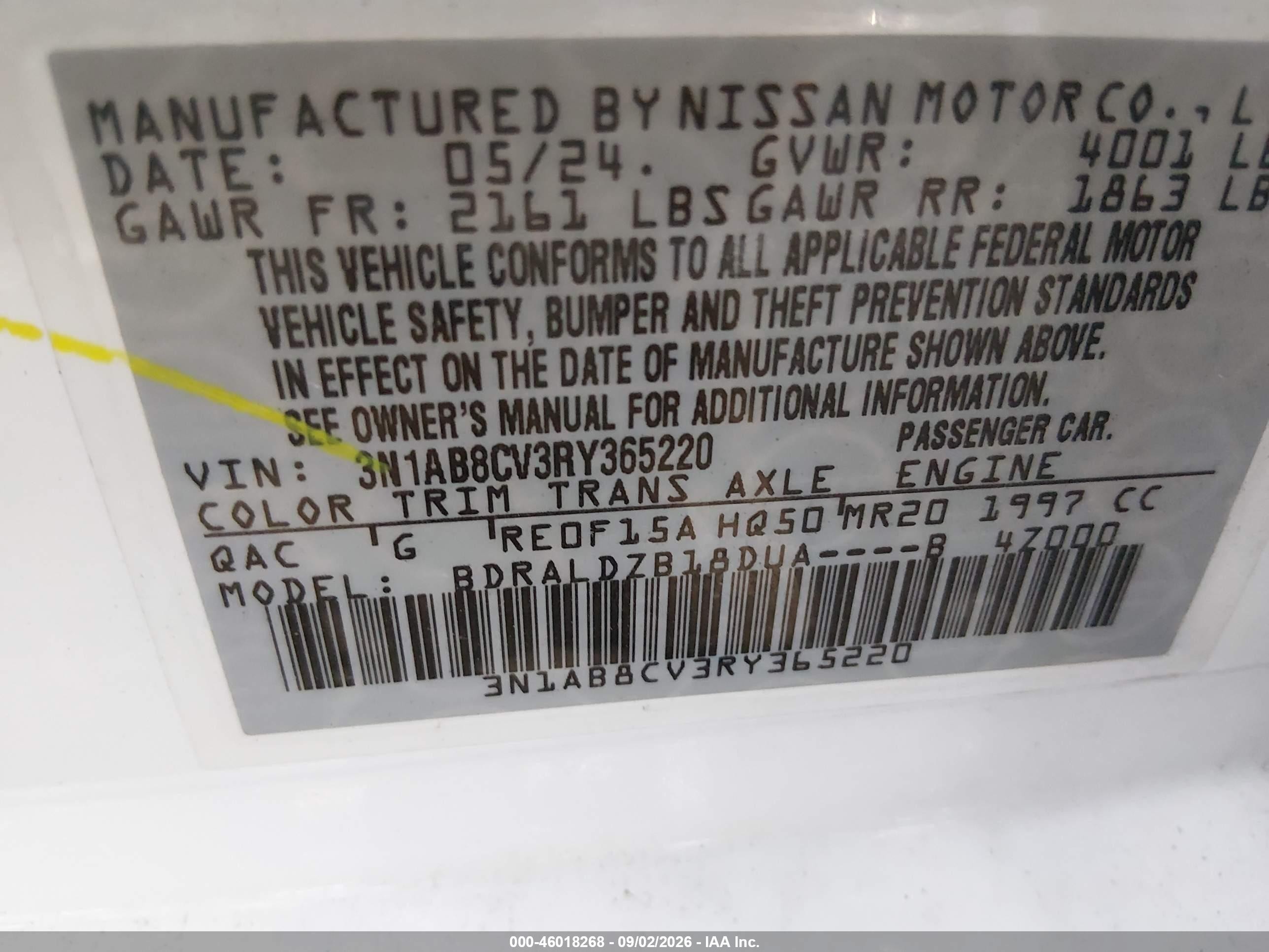 2024 Nissan Sentra Sv Xtronic Cvt White vin: 3N1AB8CV3RY365220