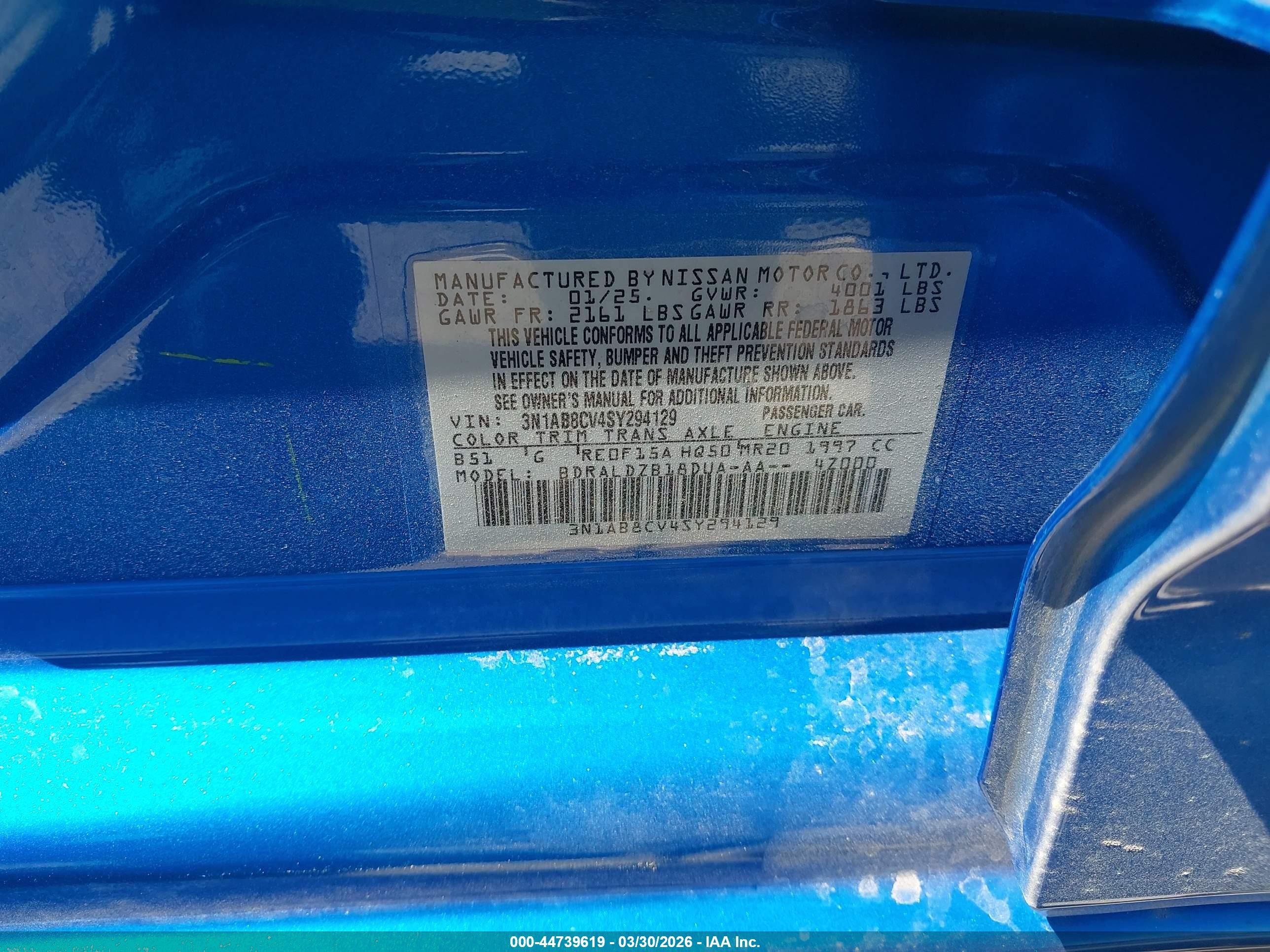 2025 Nissan Sentra Sv Blue vin: 3N1AB8CV4SY294129