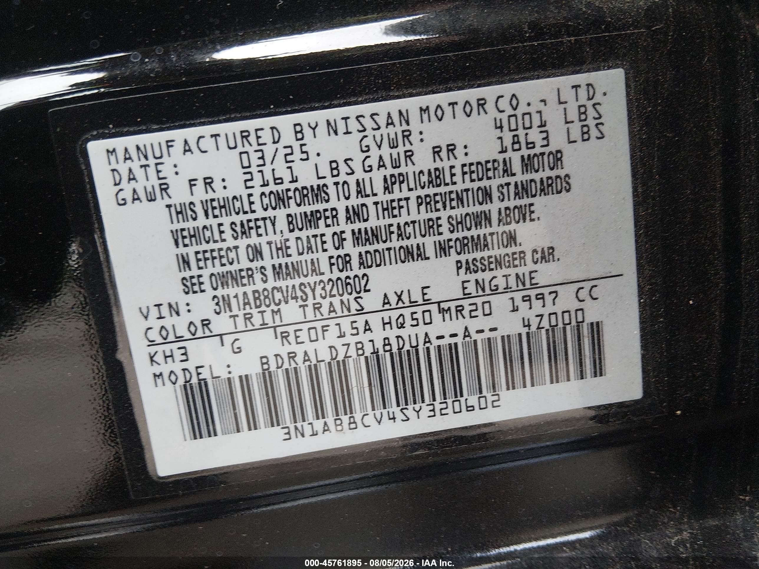 2025 Nissan Sentra Sv Black vin: 3N1AB8CV4SY320602
