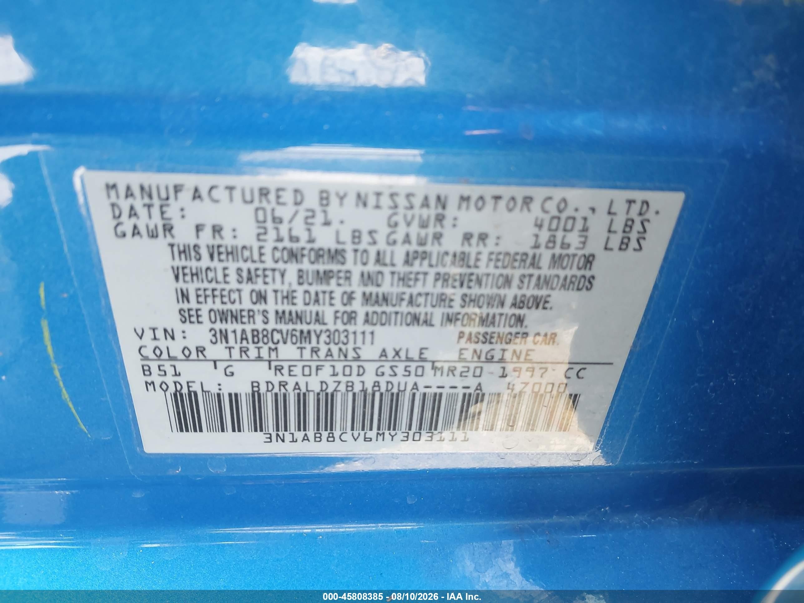 2021 Nissan Sentra Sv Xtronic Cvt Blue vin: 3N1AB8CV6MY303111