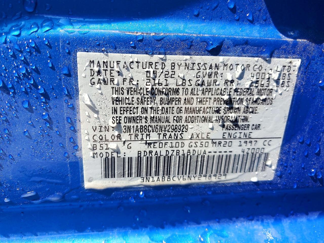 2022 Nissan Sentra Sv Blue vin: 3N1AB8CV6NY298929