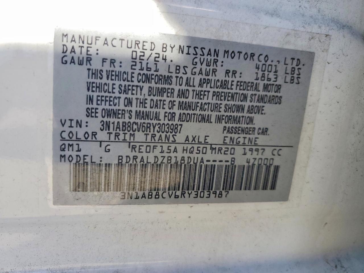 2024 Nissan Sentra Sv Белый vin: 3N1AB8CV6RY303987