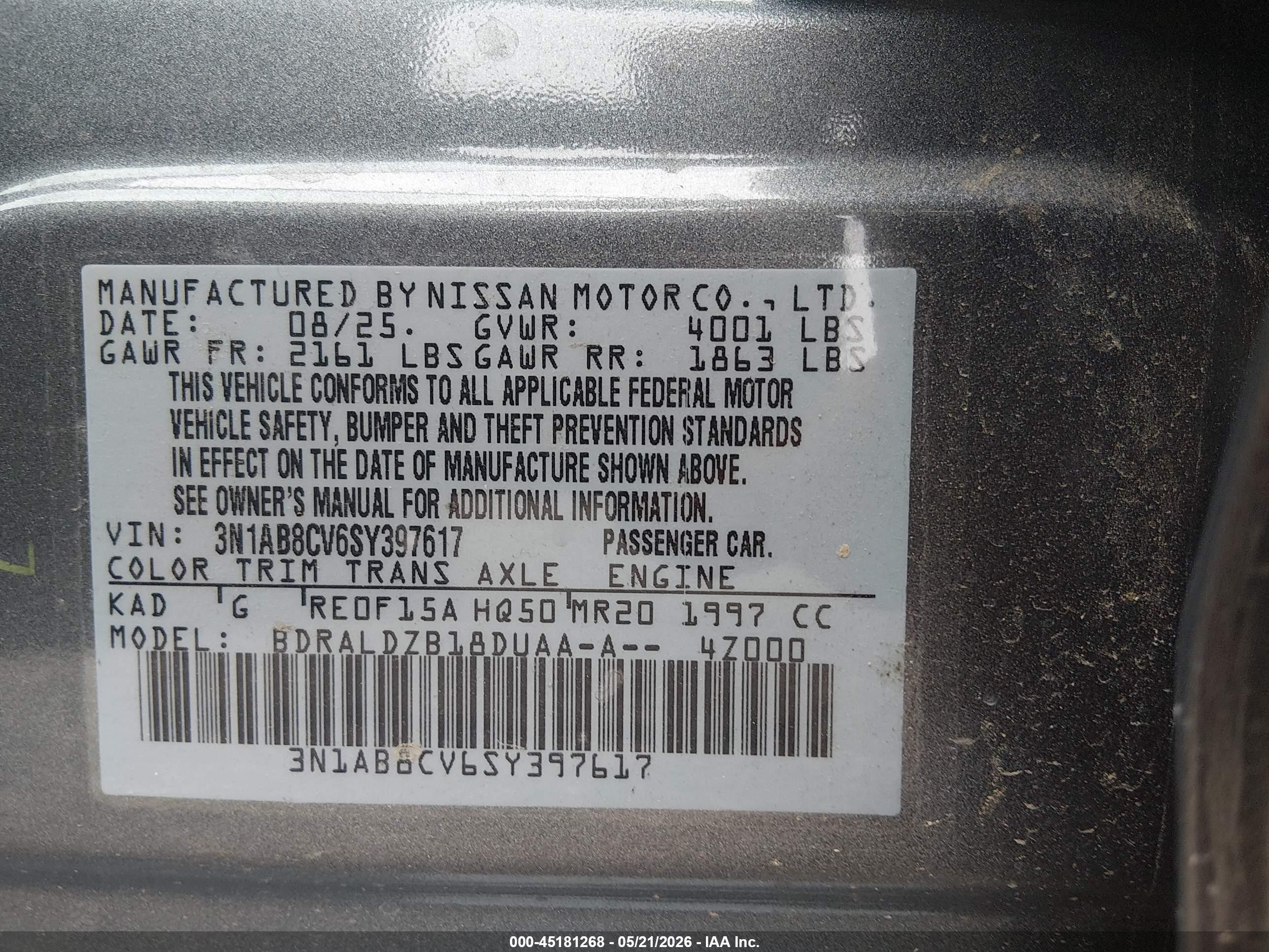 2025 Nissan Sentra Sv Gray vin: 3N1AB8CV6SY397617