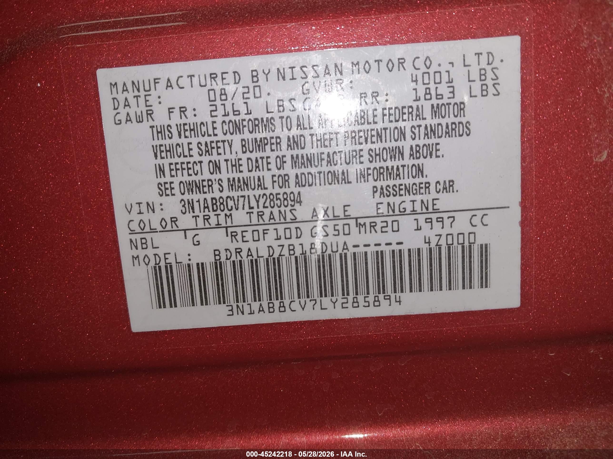 2020 Nissan Sentra Sv Xtronic Cvt Red vin: 3N1AB8CV7LY285894