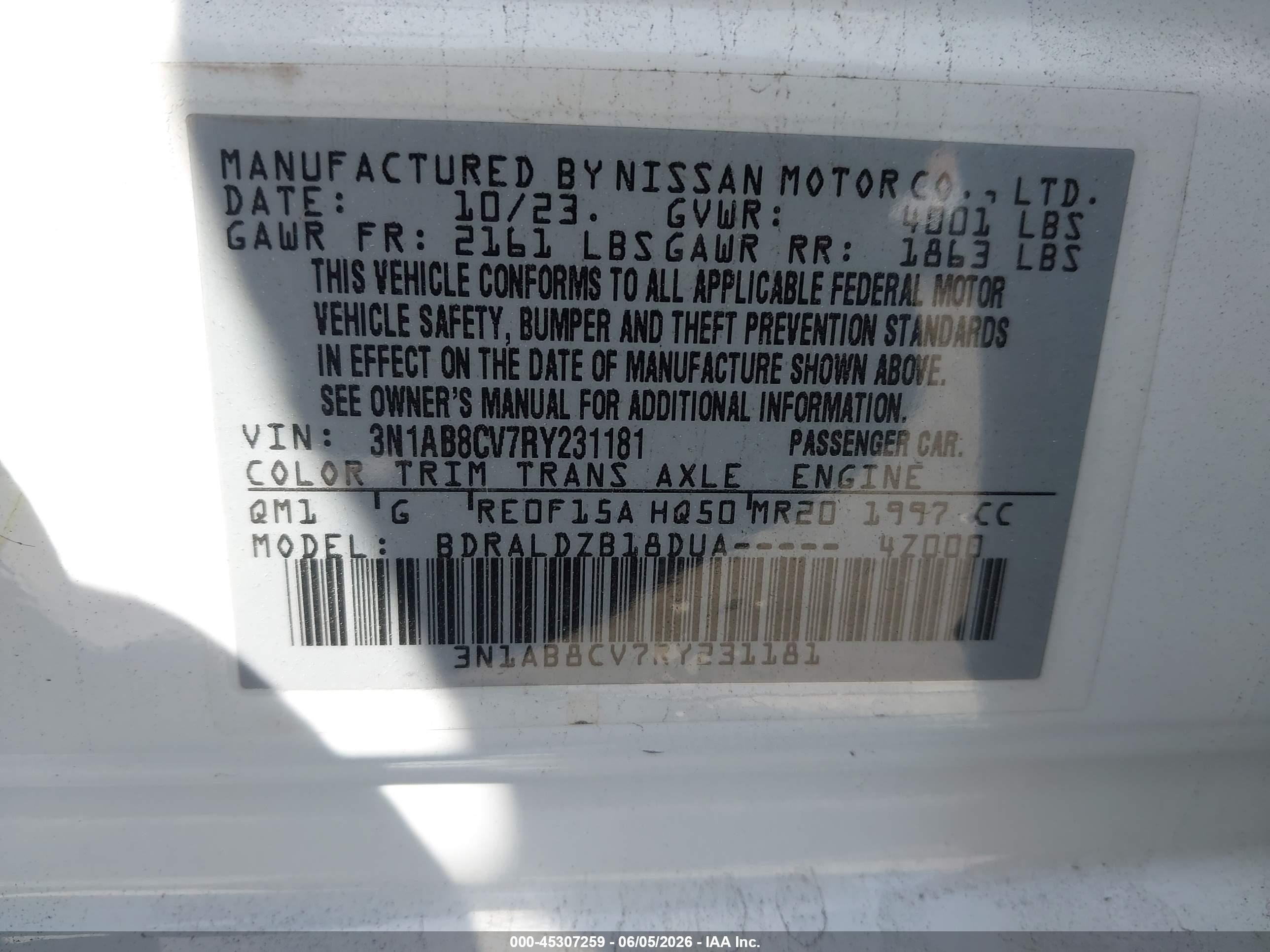 2024 Nissan Sentra Sv Xtronic Cvt White vin: 3N1AB8CV7RY231181