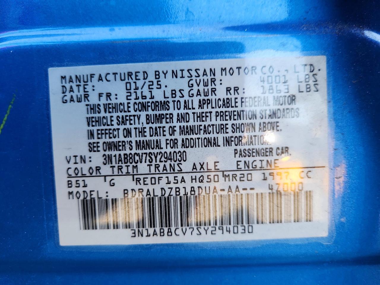 2025 Nissan Sentra Sv Blue vin: 3N1AB8CV7SY294030
