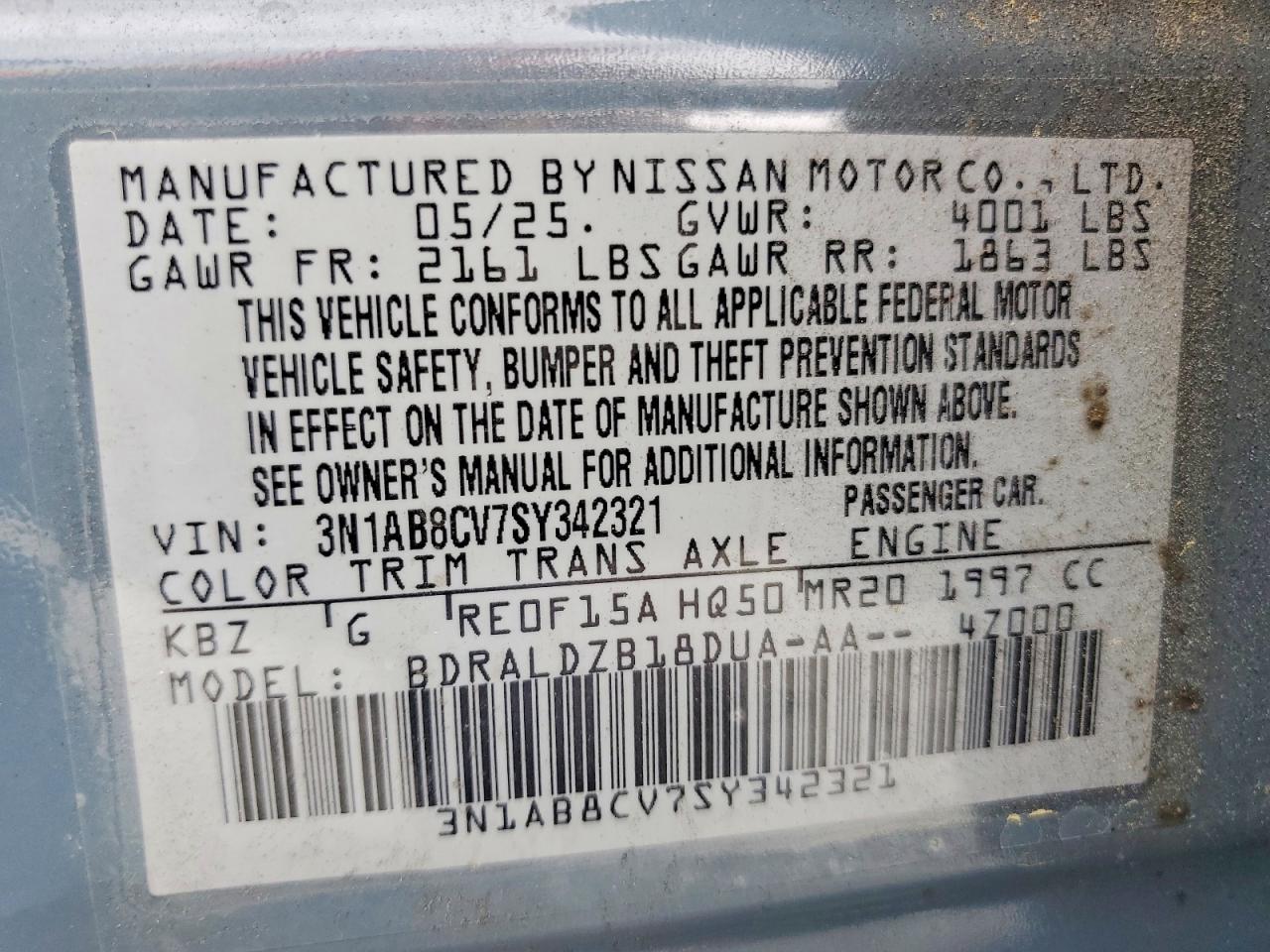 2025 Nissan Sentra Sv Blue vin: 3N1AB8CV7SY342321