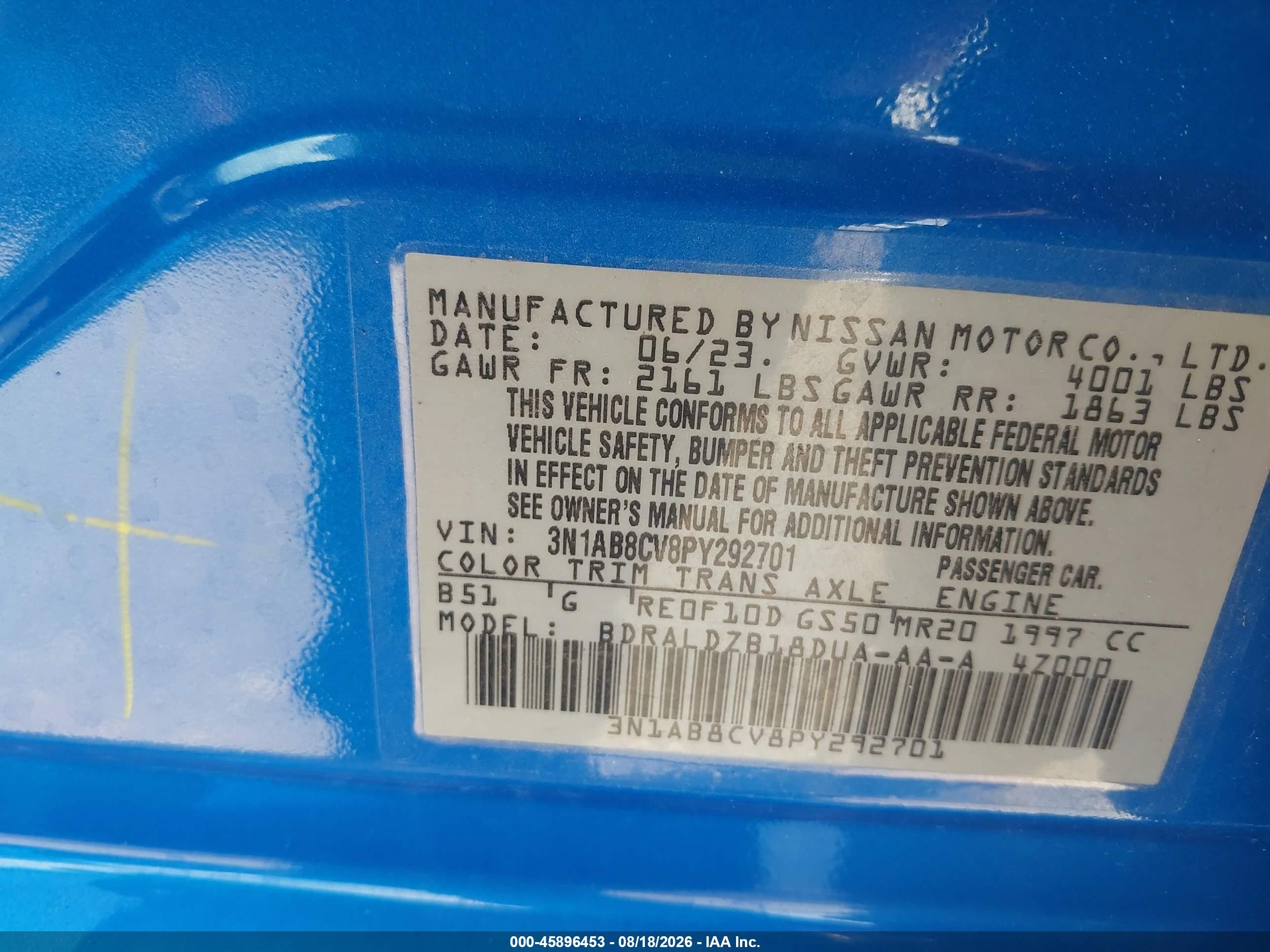 2023 Nissan Sentra Sv Xtronic Cvt Blue vin: 3N1AB8CV8PY292701