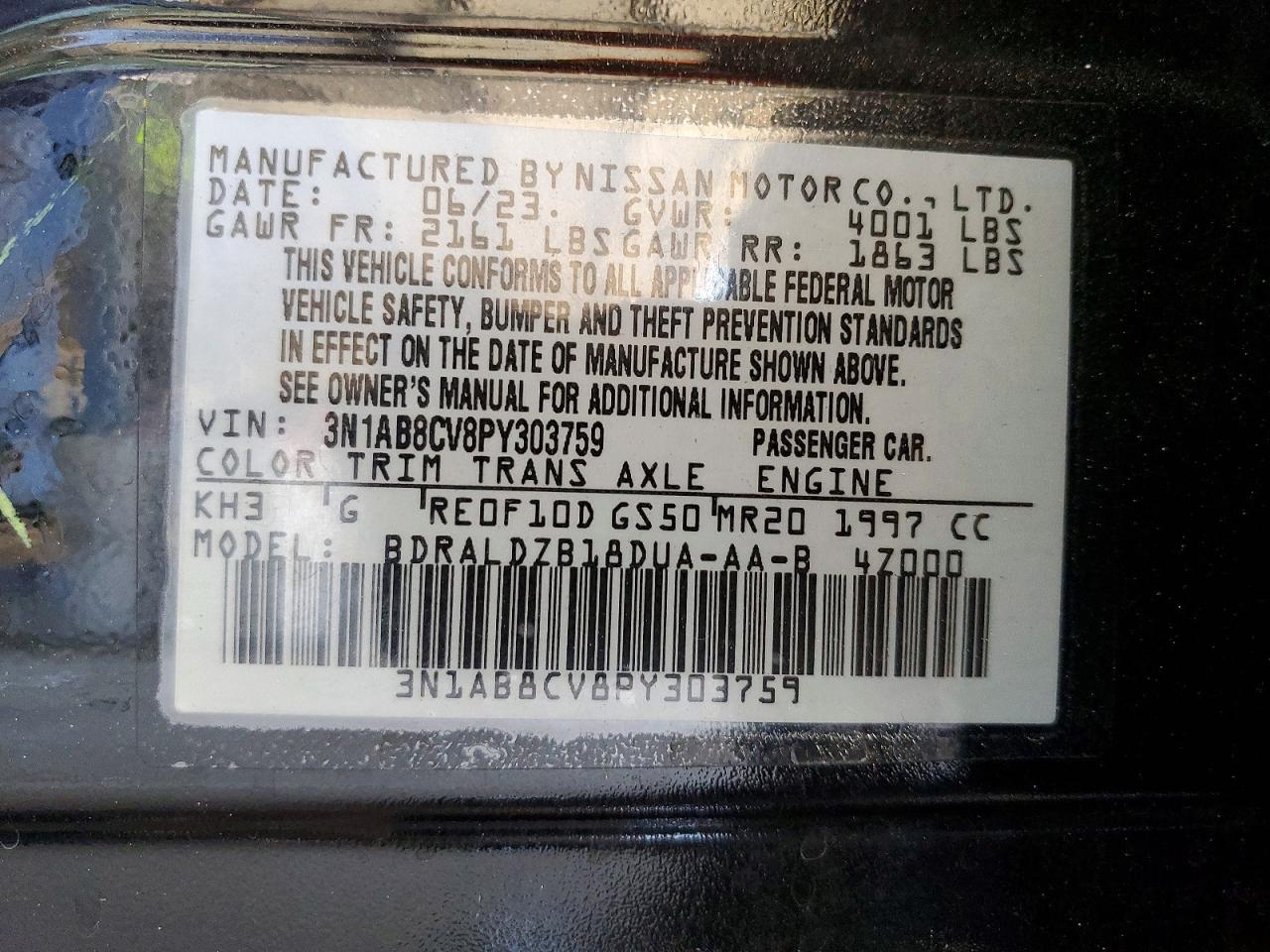 2023 Nissan Sentra Sv Black vin: 3N1AB8CV8PY303759