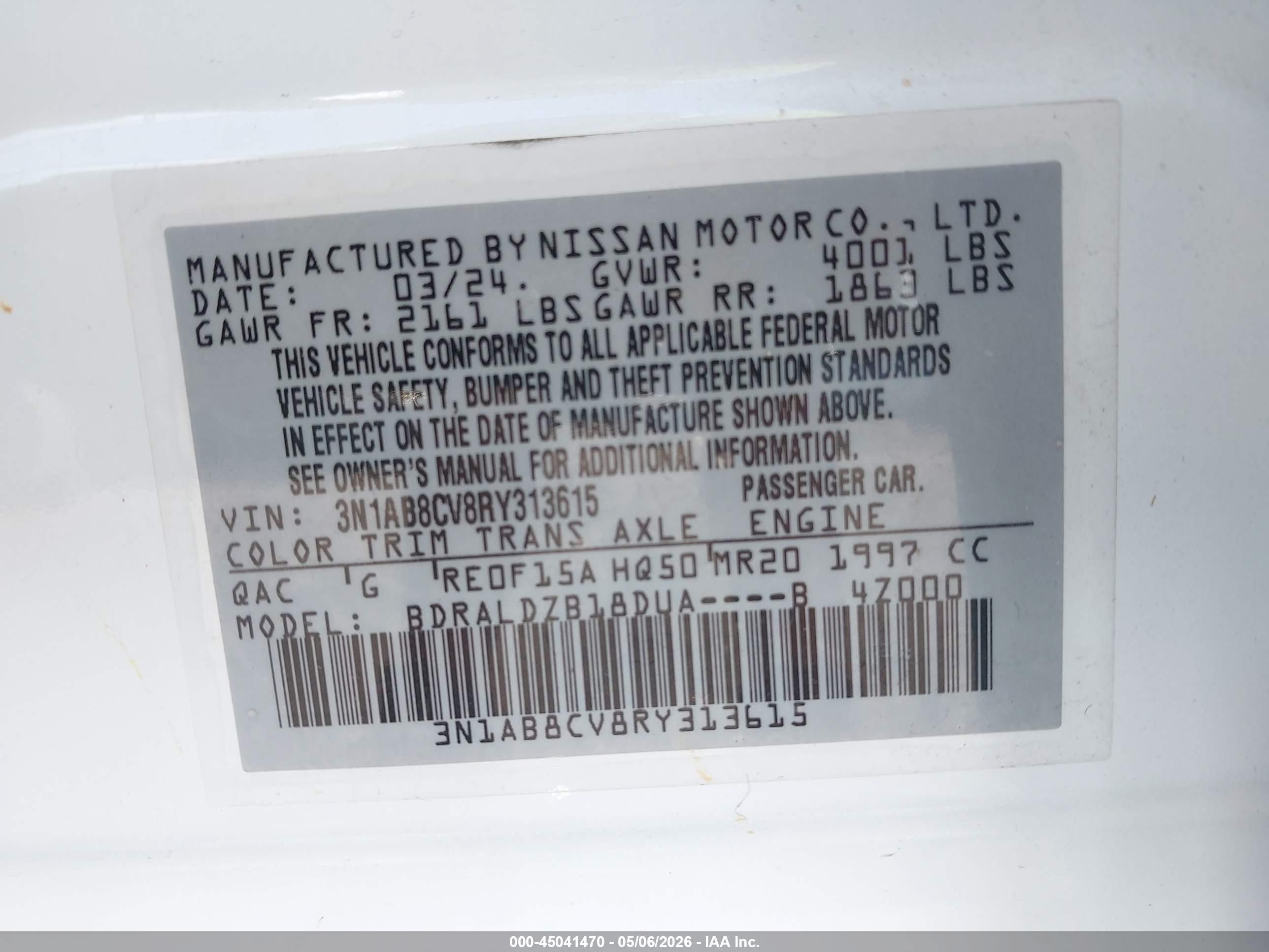 2024 Nissan Sentra Sv Xtronic Cvt White vin: 3N1AB8CV8RY313615
