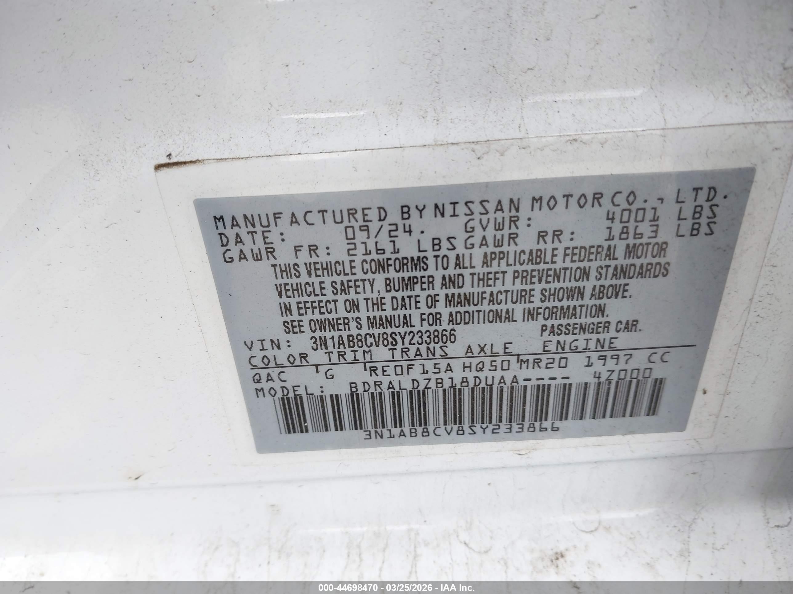 2025 Nissan Sentra Sv White vin: 3N1AB8CV8SY233866