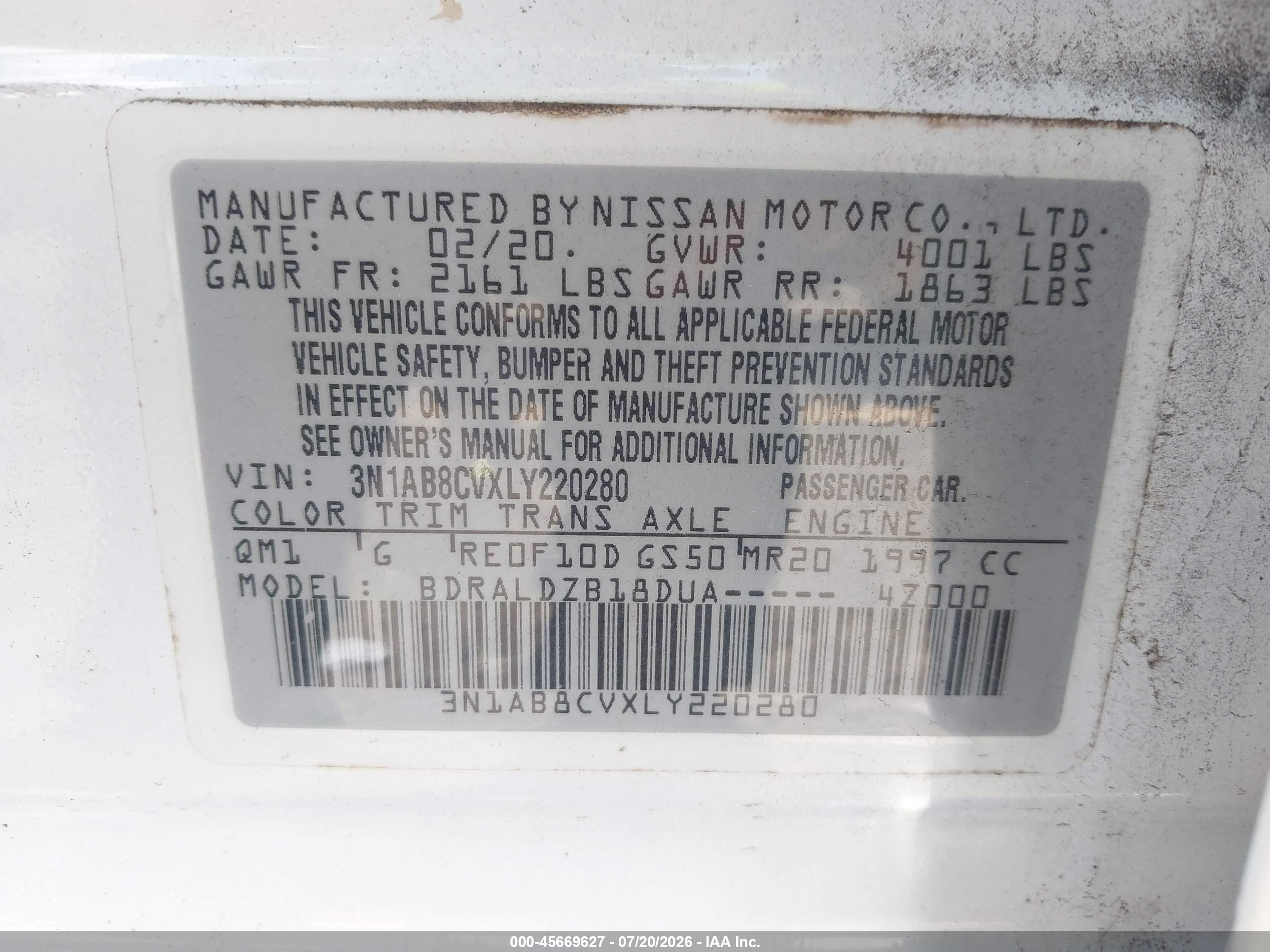 2020 Nissan Sentra Sv Xtronic Cvt White vin: 3N1AB8CVXLY220280