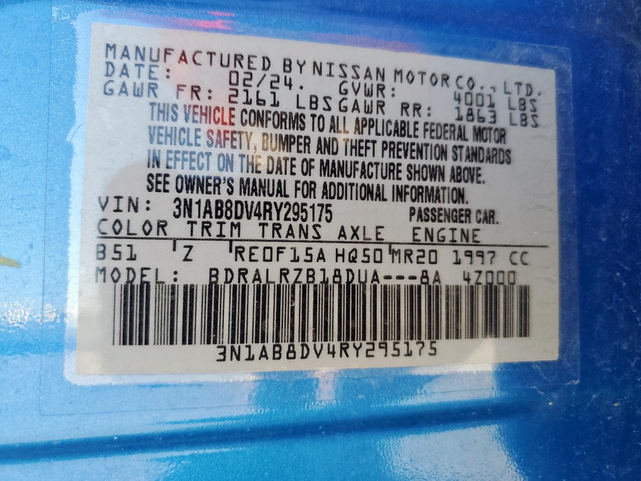 2024 Nissan Sentra Sr Blue vin: 3N1AB8DV4RY295175