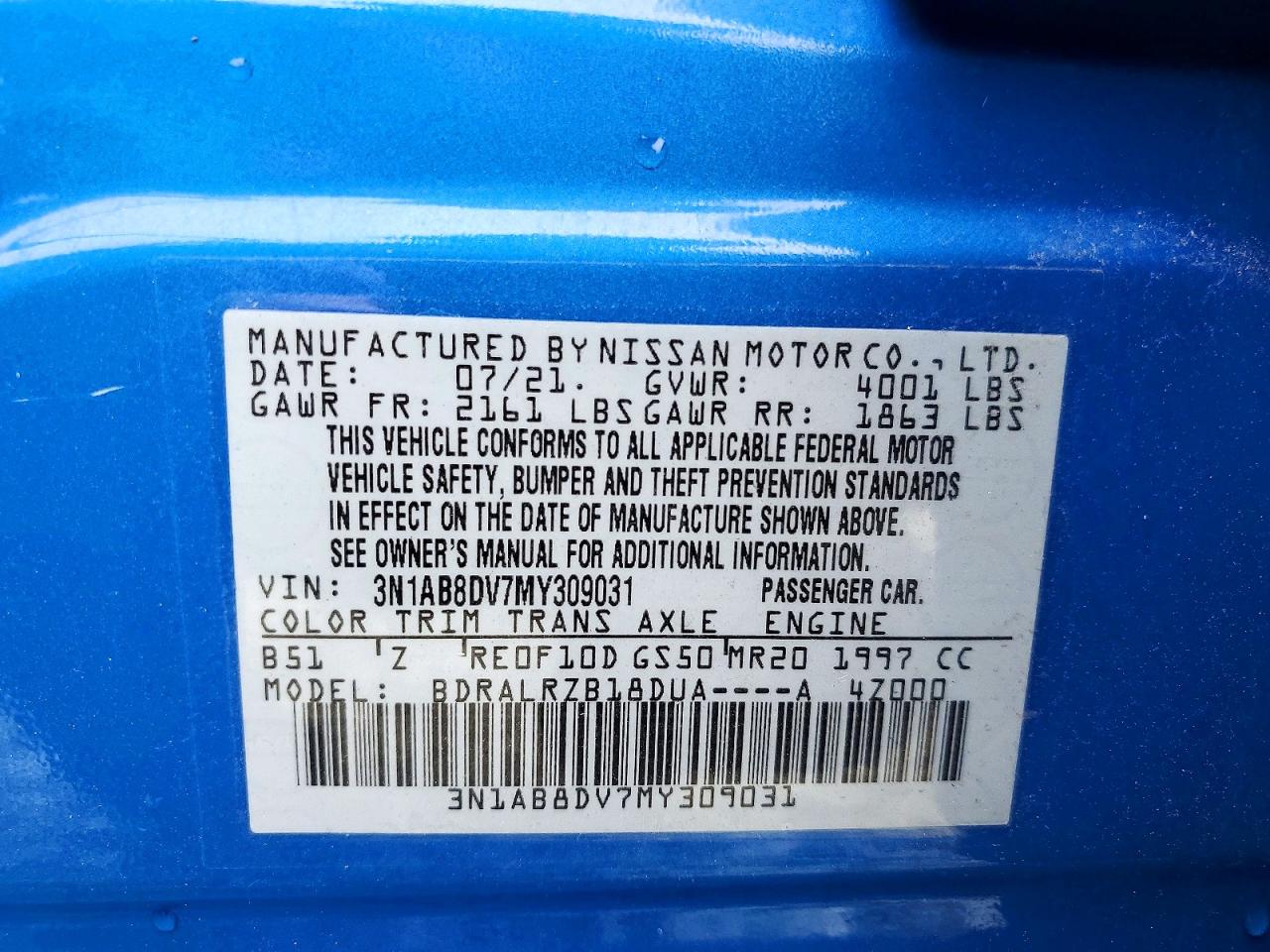 2021 Nissan Sentra Sr Blue vin: 3N1AB8DV7MY309031